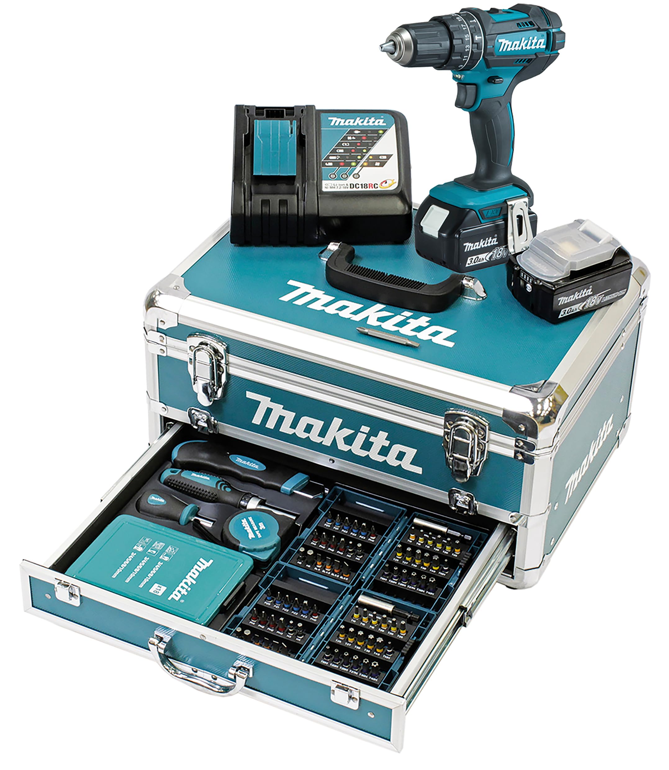 Makita DHP482RFX9 Akku-Schlagbohrschrauber 18V – Profi-Set mit 2 Akkus & 96er Zubehör