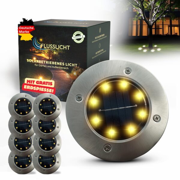 FLUSSLICHT Solar Bodenleuchten 8er-Set Warmweiß – IP65 Gartenbeleuchtung mit Ersatz-Erdspissen