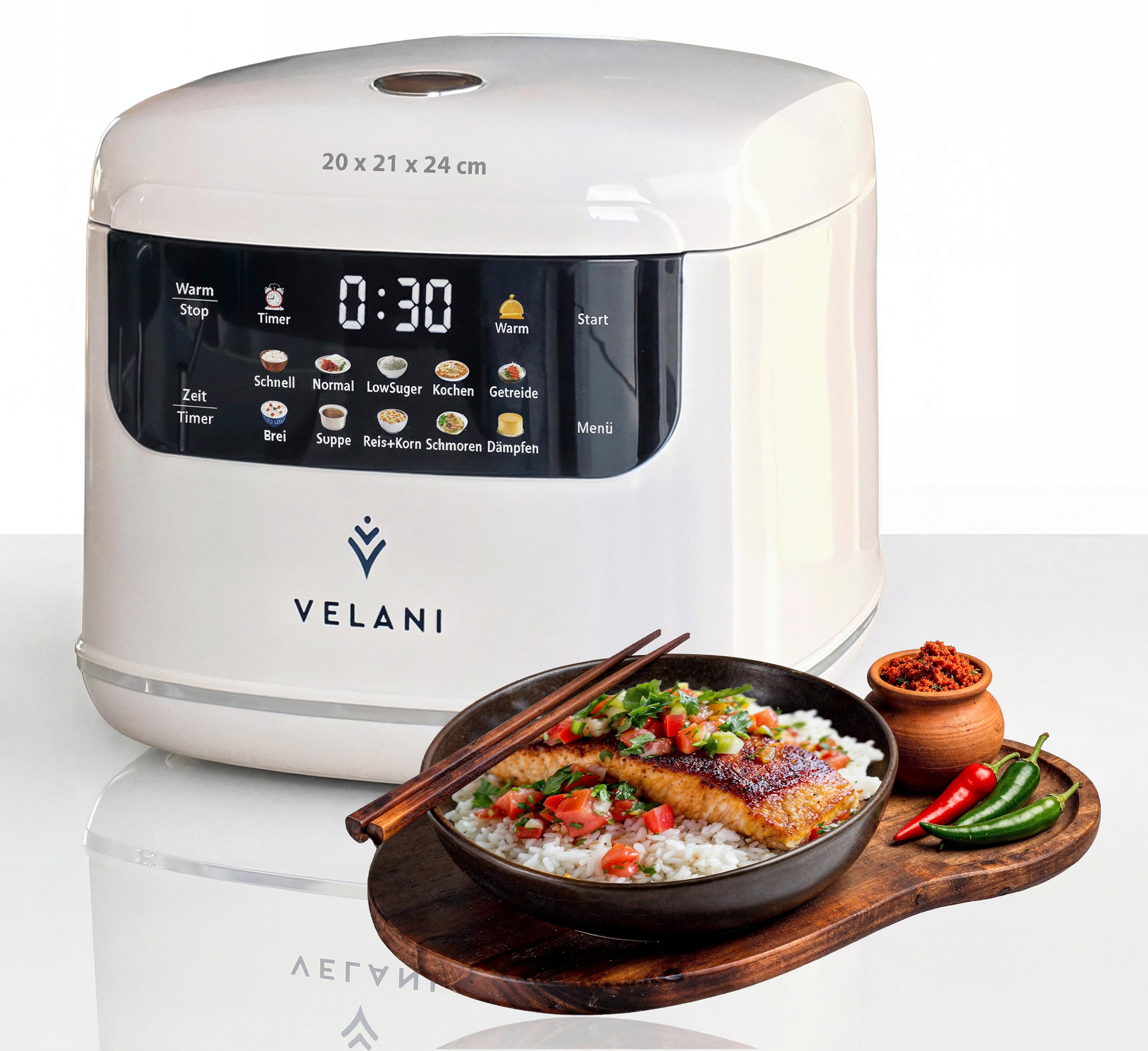 81KR1DAMHHL._SY2345_.jpg VELANI Mini Reiskocher 0,8L mit 10 Programmen – Multikocher für kleine Küchen – Bild 1