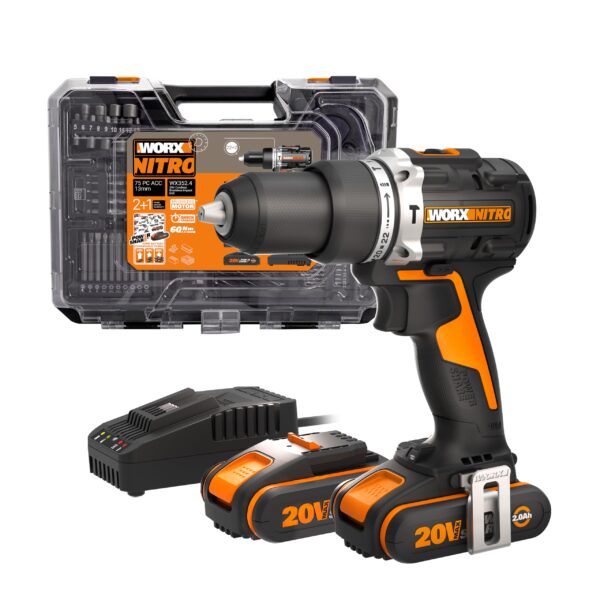 WORX WX352.4 Akku-Schlagbohrmaschine 20V – Bürstenlos, 60Nm, 75 Bits & 2 Akkus
