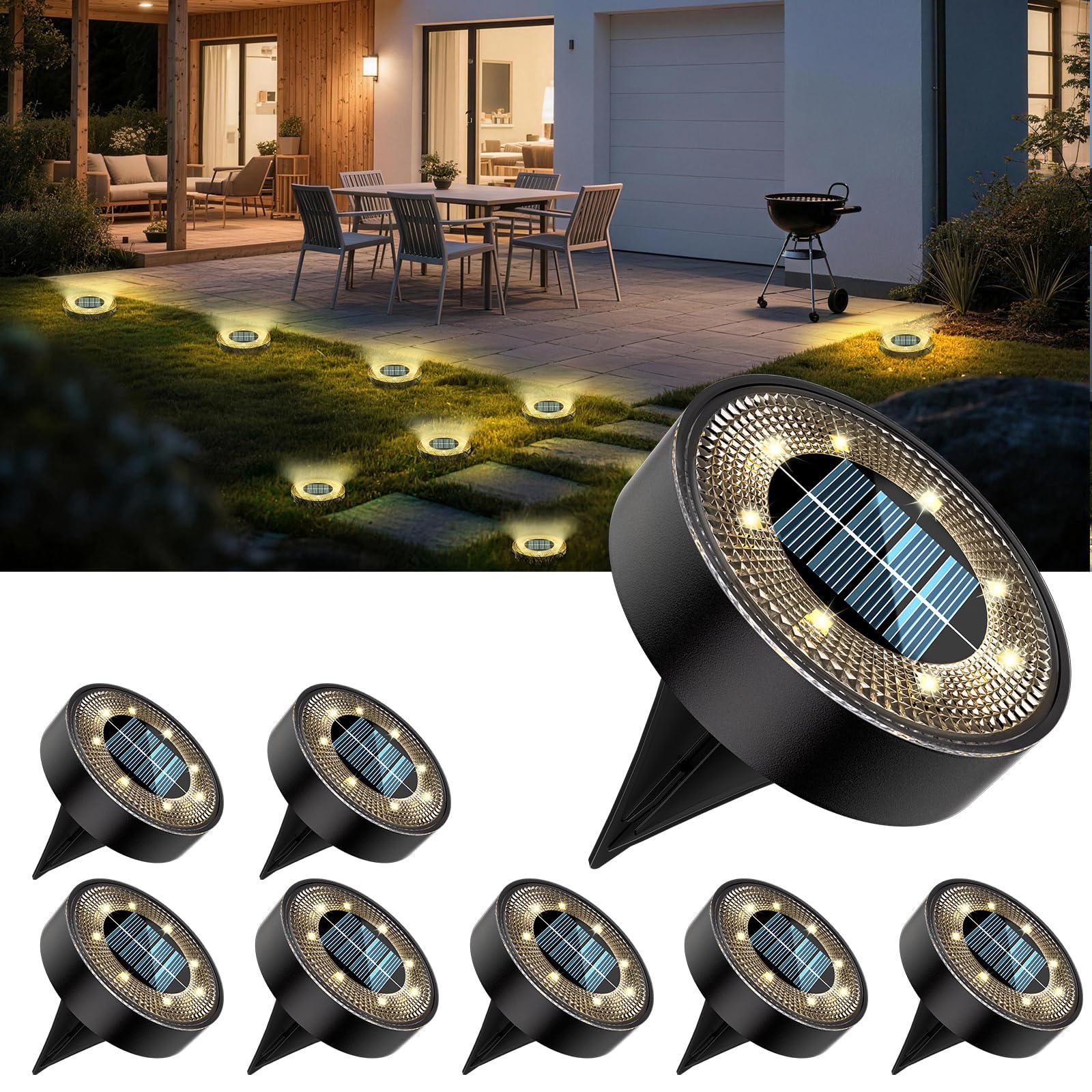8er-Set ICRGB Solar-Bodenleuchten IP68 mit 8 LEDs – Warmweiss für Garten & Terrasse
