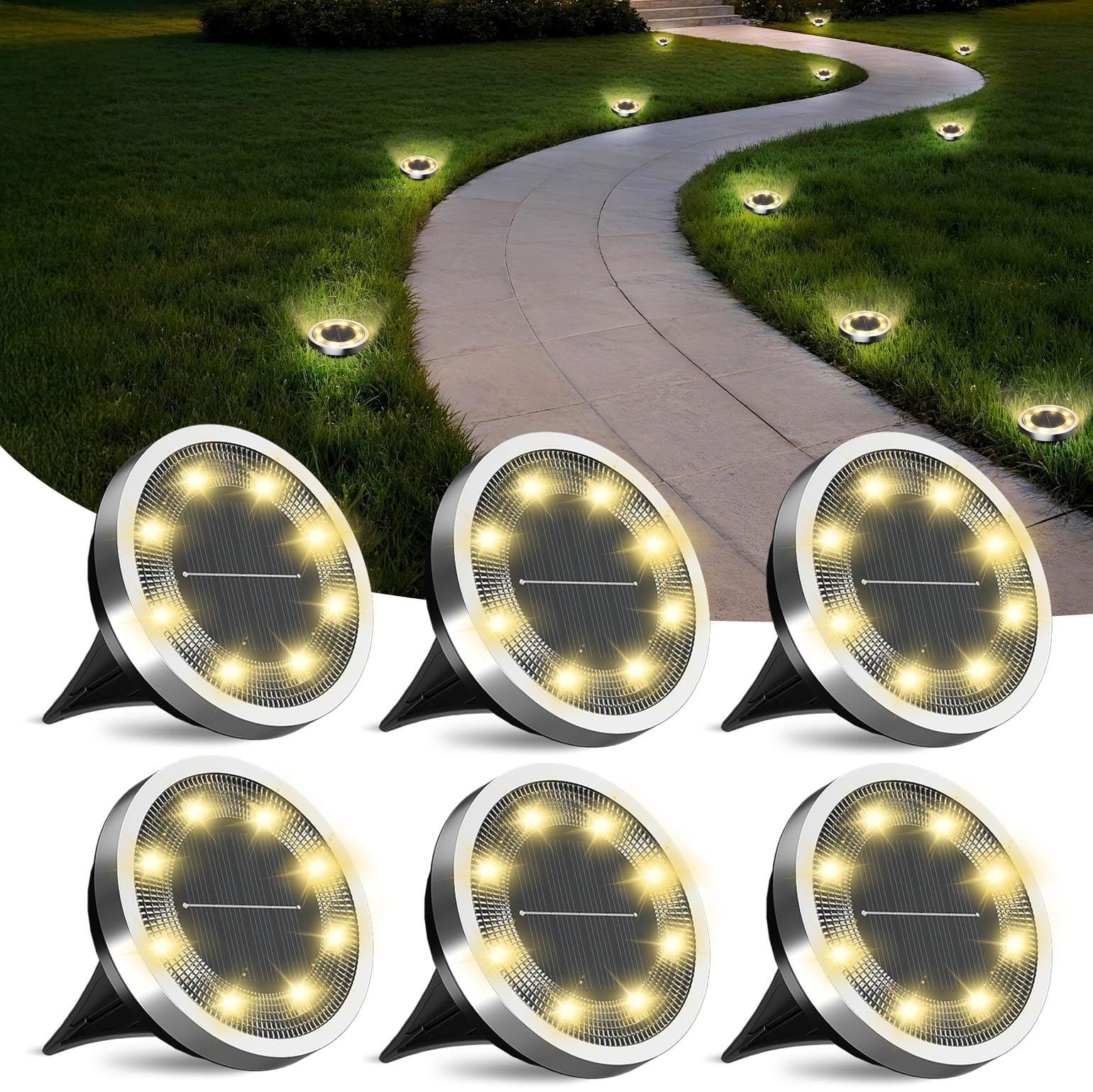 FLOWood Solar Bodenleuchten 6er Set – IP65 Wasserdicht, 8 LEDs, 8–10h Laufzeit