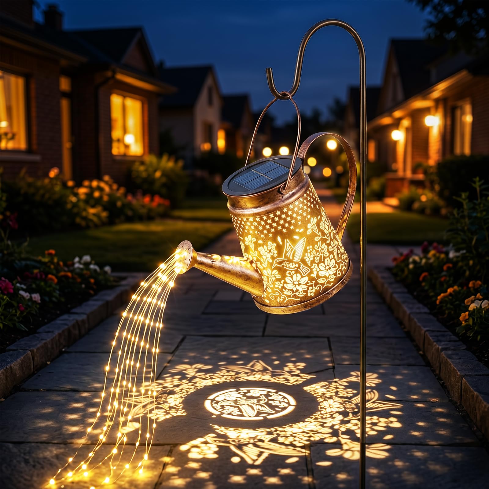 OUSFOT Solar-Gießkanne mit 90 LEDs & Kolibri-Projektion – Kaskaden-Gartenleuchte IP44