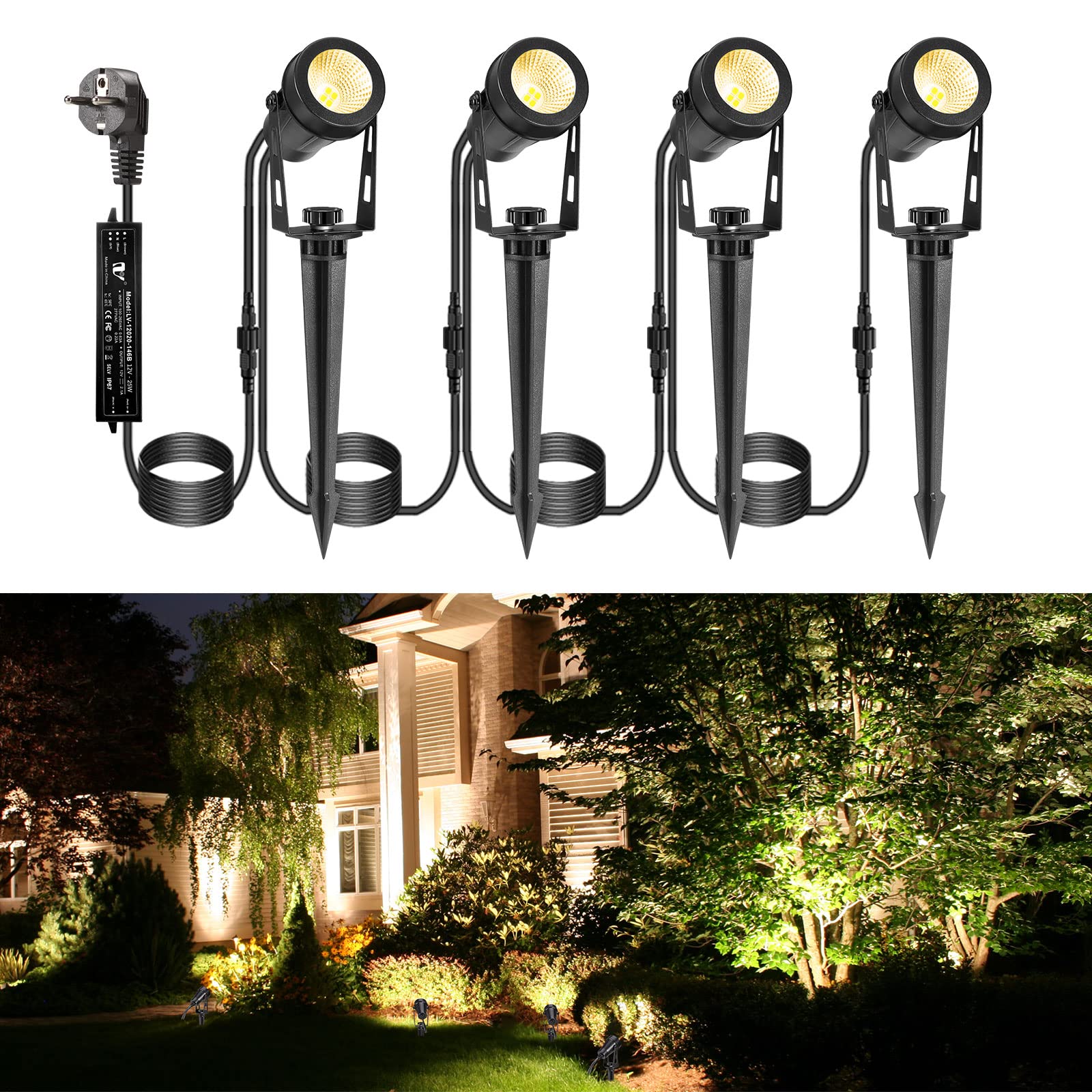 ECOWHO LED Gartenstrahler 12V 3W 4er-Pack – IP65 Gartenbeleuchtung mit Erdspiss
