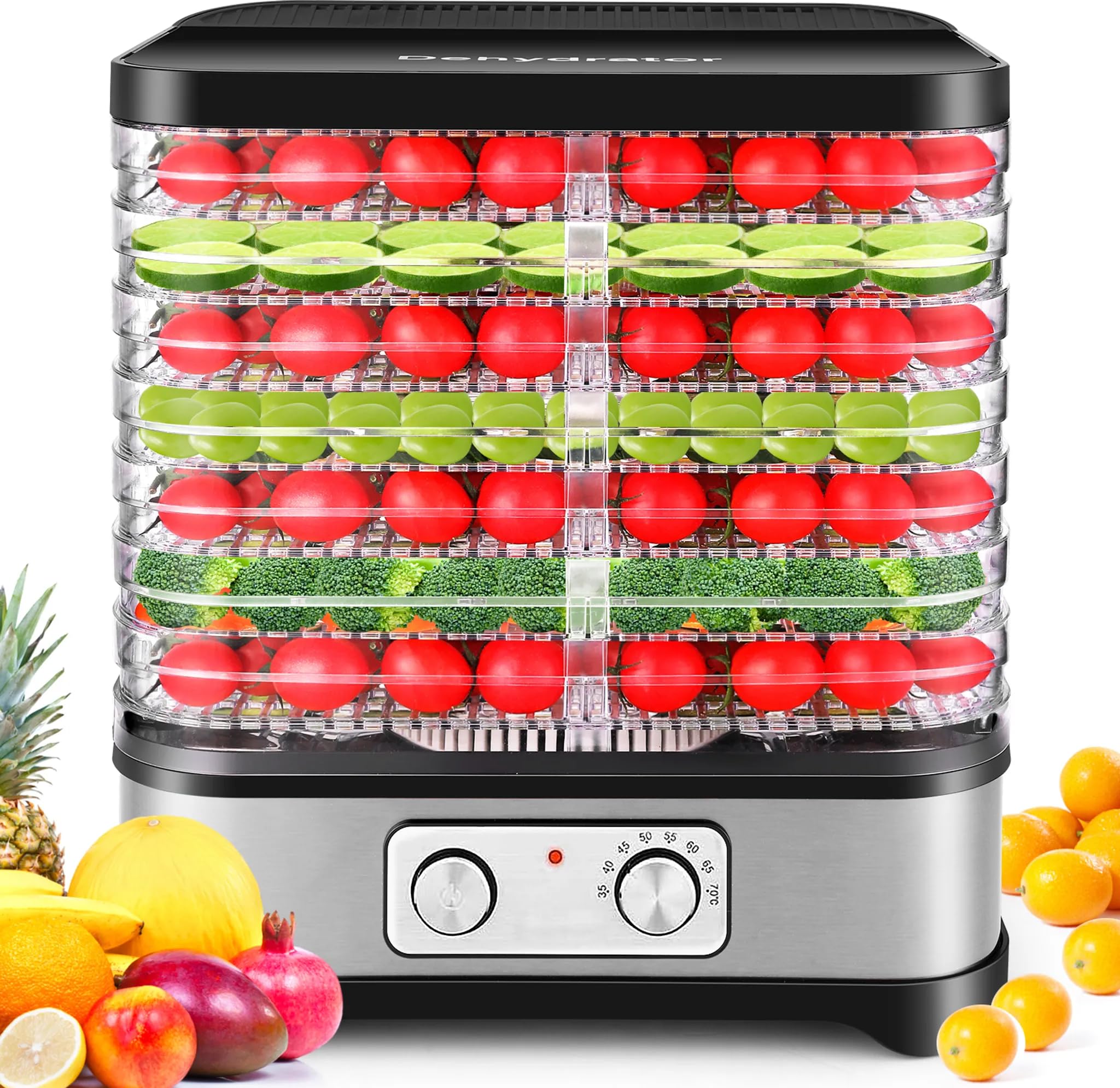 Nictemaw Dörrautomat Edelstahl mit 8 Tabletts – Dehydrator 400W, 35-70°C für Obst & Fleisch