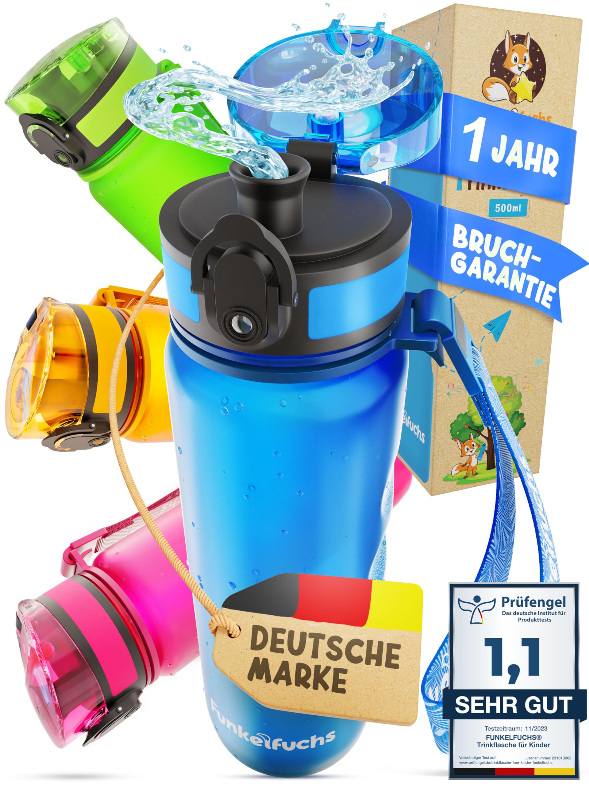 Funkelfuchs Trinkflasche 500ml Blau – 100% auslaufsicher & kohlensäuregeeignet für Kinder