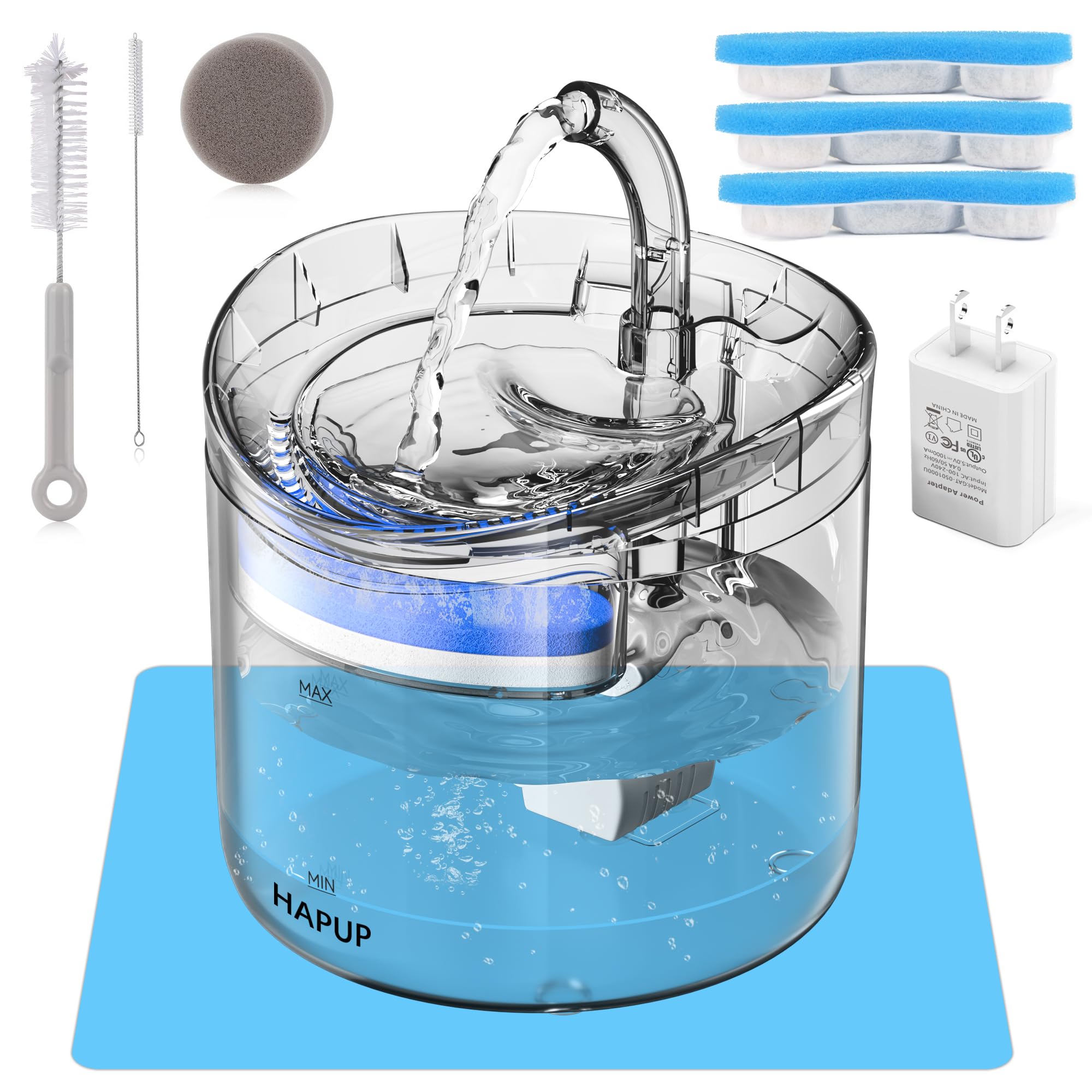 HAPUP Katzenbrunnen 1,8L mit Doppelmodus & Aktivkohlefilter – Intelligenter Wasserspender für Katzen & Hunde