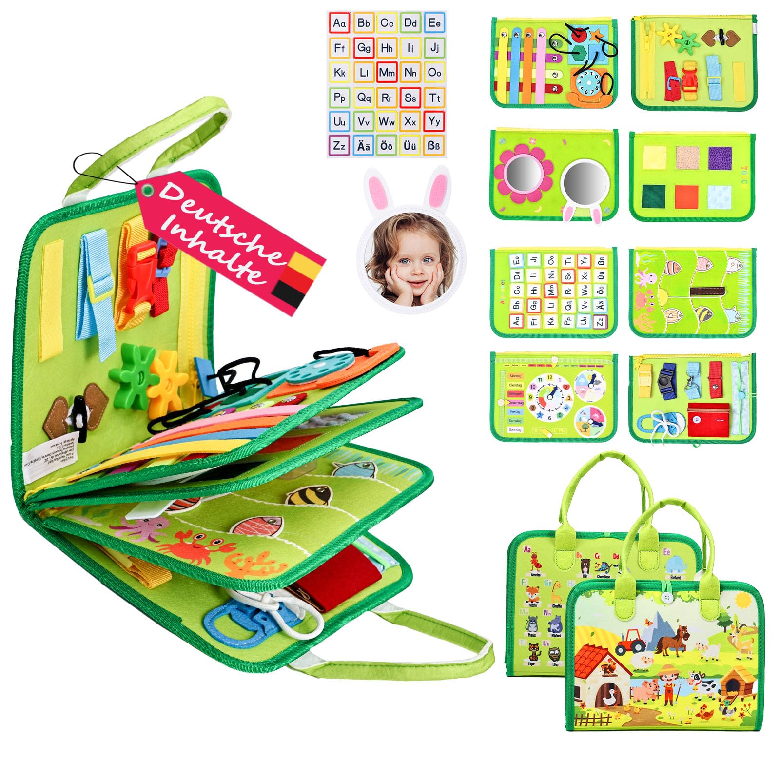 JHkim Montessori Busy Board – 8-in-1 Lernspielzeug für Kinder ab 1 Jahr