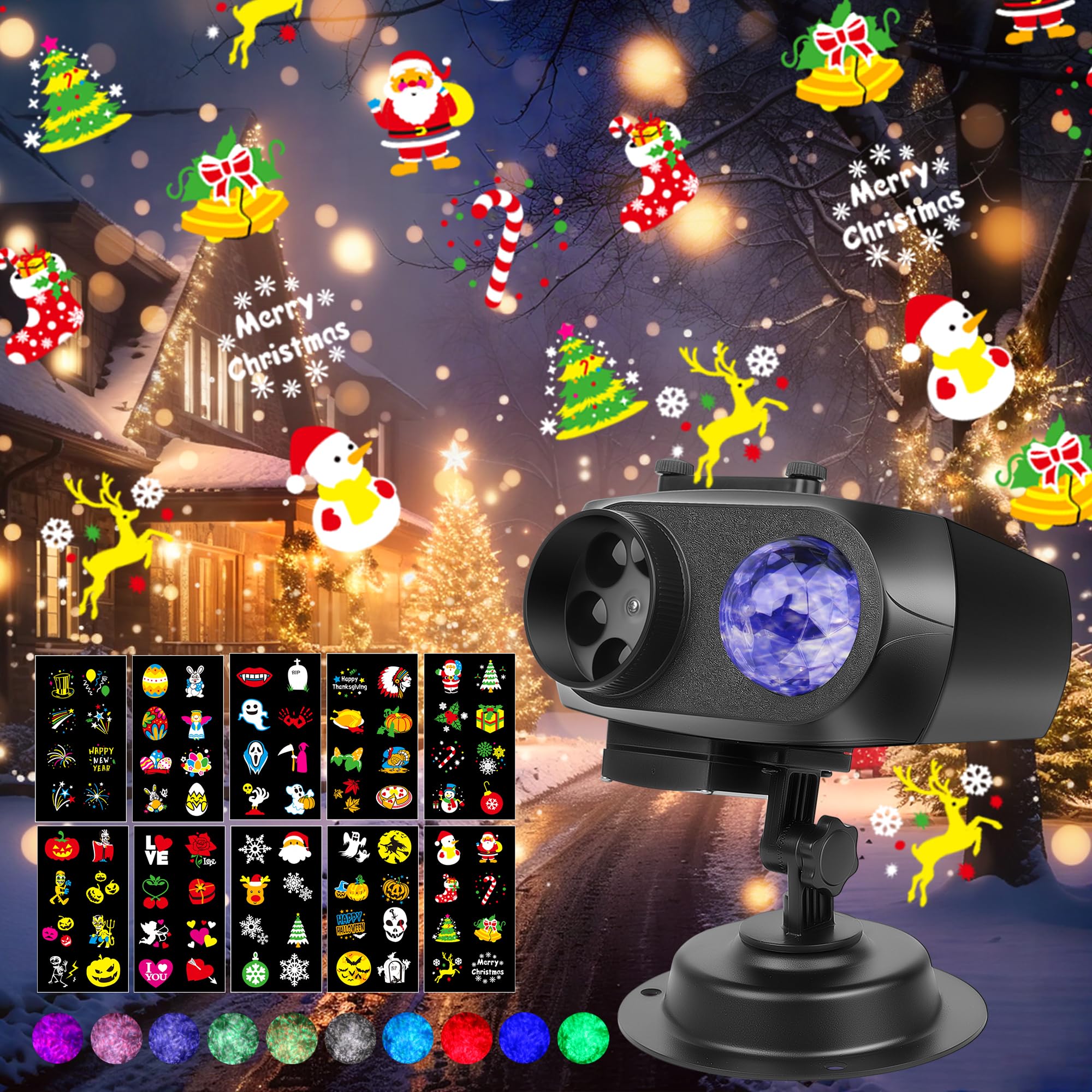 Yanbaozi LED Projektor mit 10 Dias & Welleneffekt – IP44 Wasserdicht für Weihnachten & Halloween