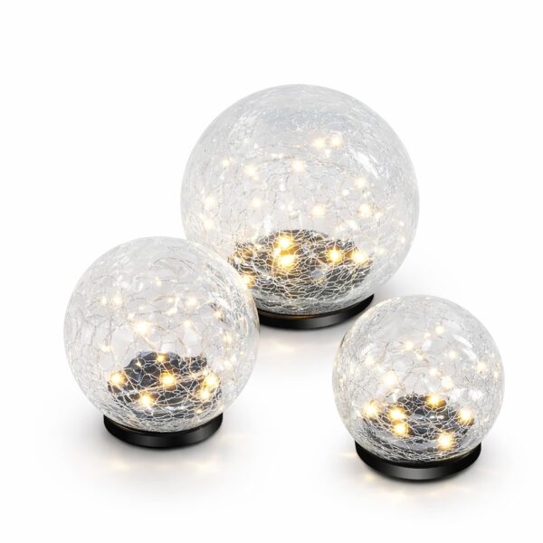 esotec Solar Leuchtkugeln 3er Set – Krakelees Echtglas mit LED-Leuchtdraht für Garten