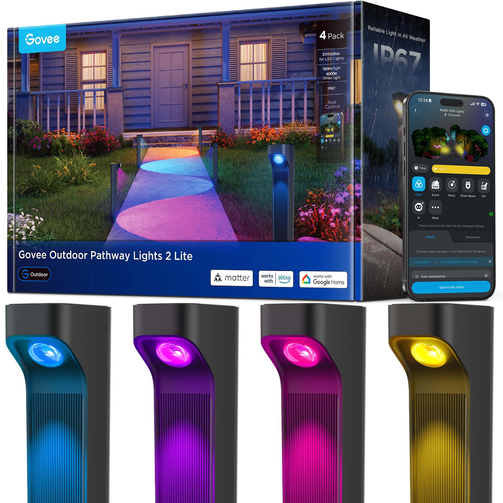 Govee Wegeleuchten Aussen 2 Lite RGBWIC – 4er Set Smart Gartenbeleuchtung mit Matter
