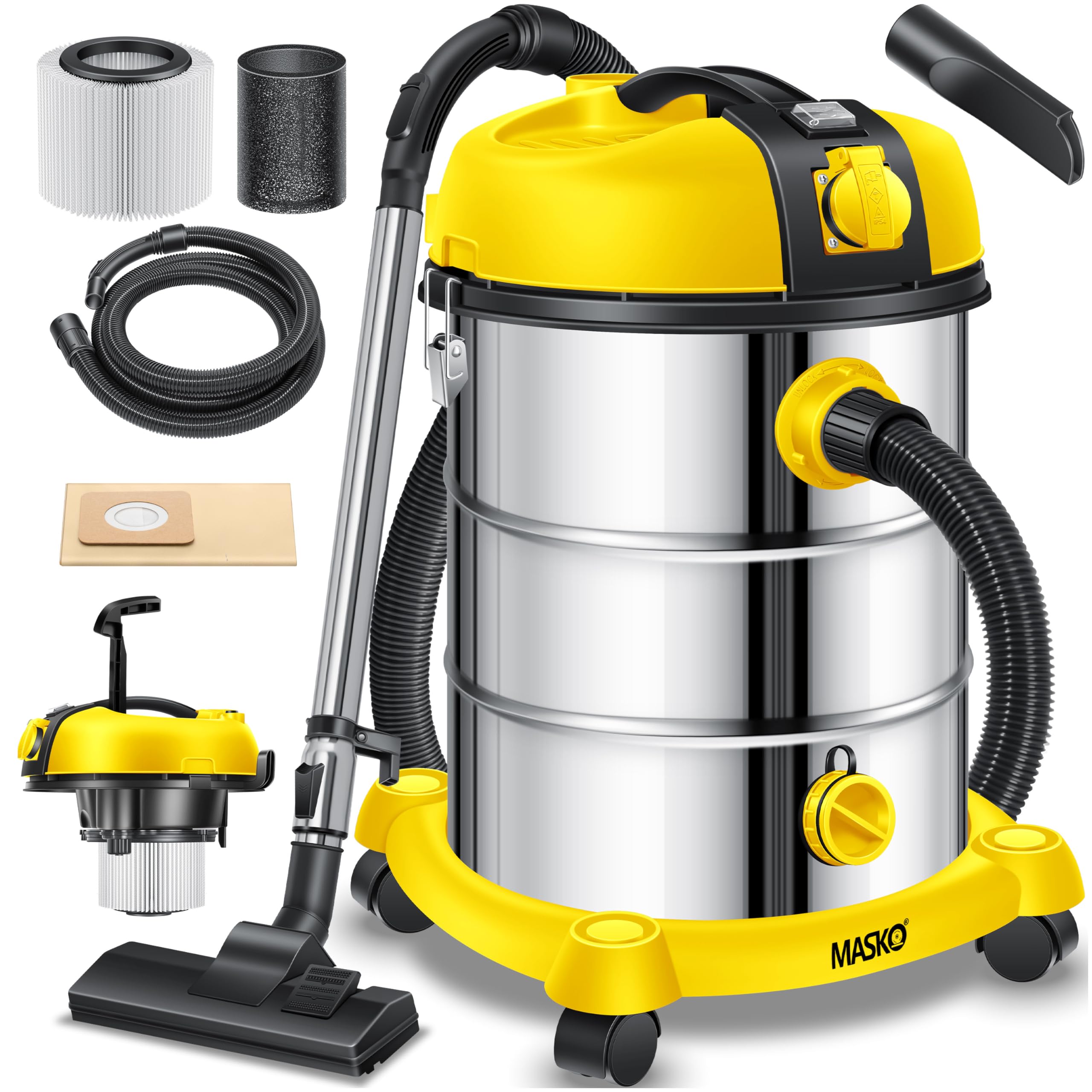 MASKO® Industriestaubsauger 2300W Nass-Trocken mit Push&Clean & Blasfunktion