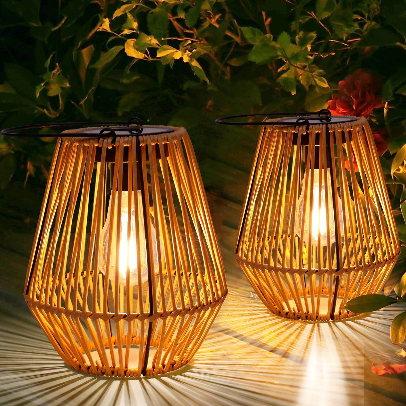Pearlstar Solarlaterne 2er Set – Rattan Gartenlaternen mit Automatik für Balkon & Terrasse
