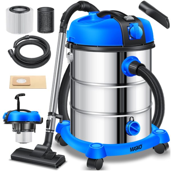 MASKO® Industriestaubsauger 2300W Nass-Trocken mit Push&Clean – Edelstahl Profi-Sauger
