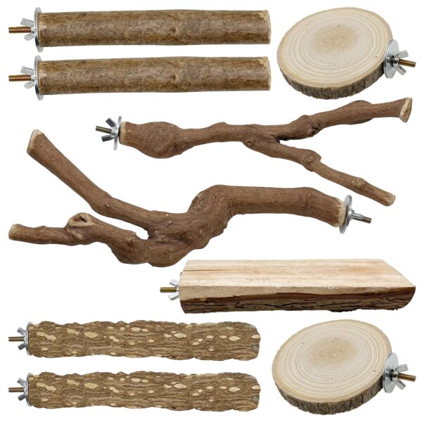 Allazone 9er Naturholz Sitzstangen Set für Vögel – Papagei Spielzeug & Käfig Zubehör