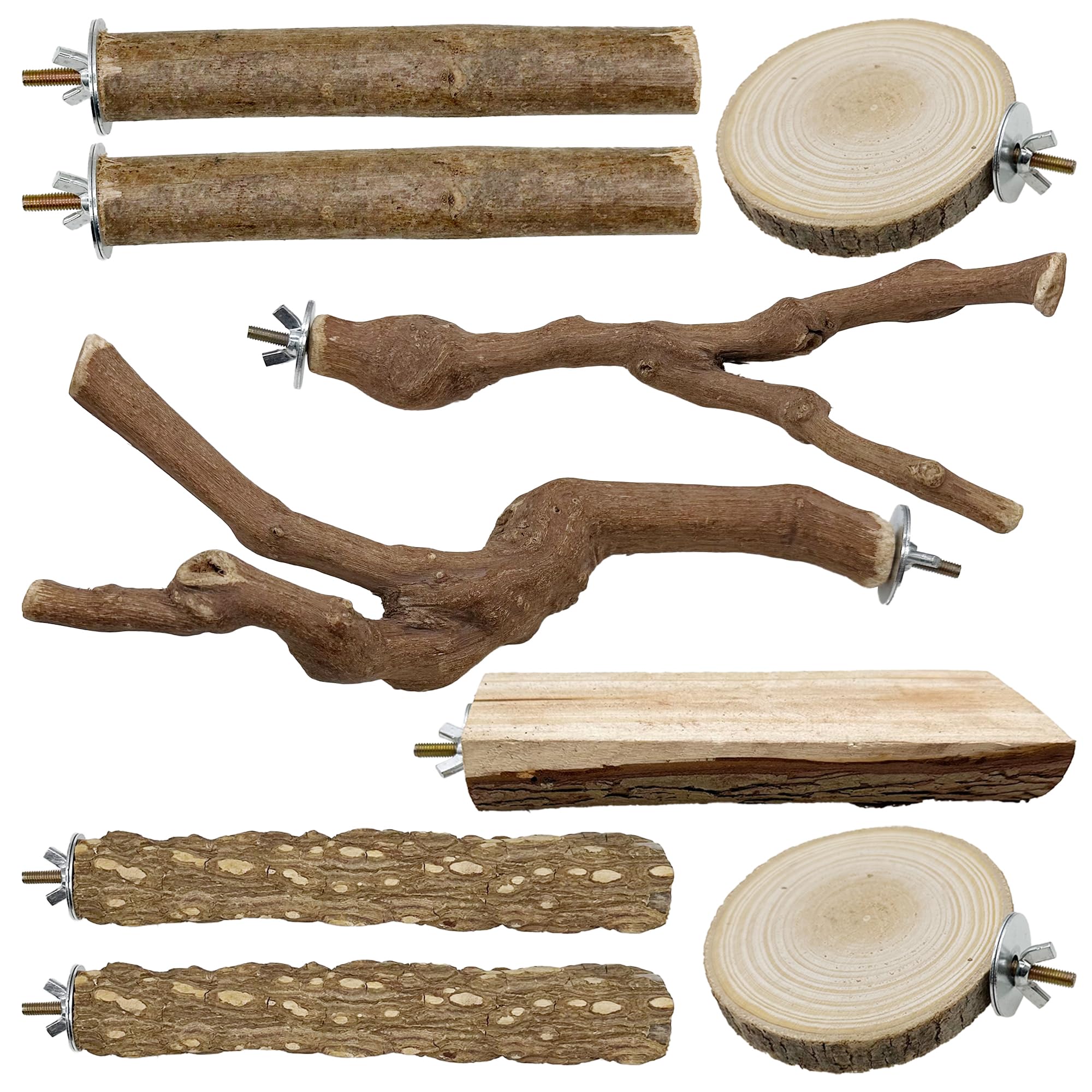 Allazone 9er Naturholz Sitzstangen Set für Vögel – Papagei Spielzeug & Käfig Zubehör