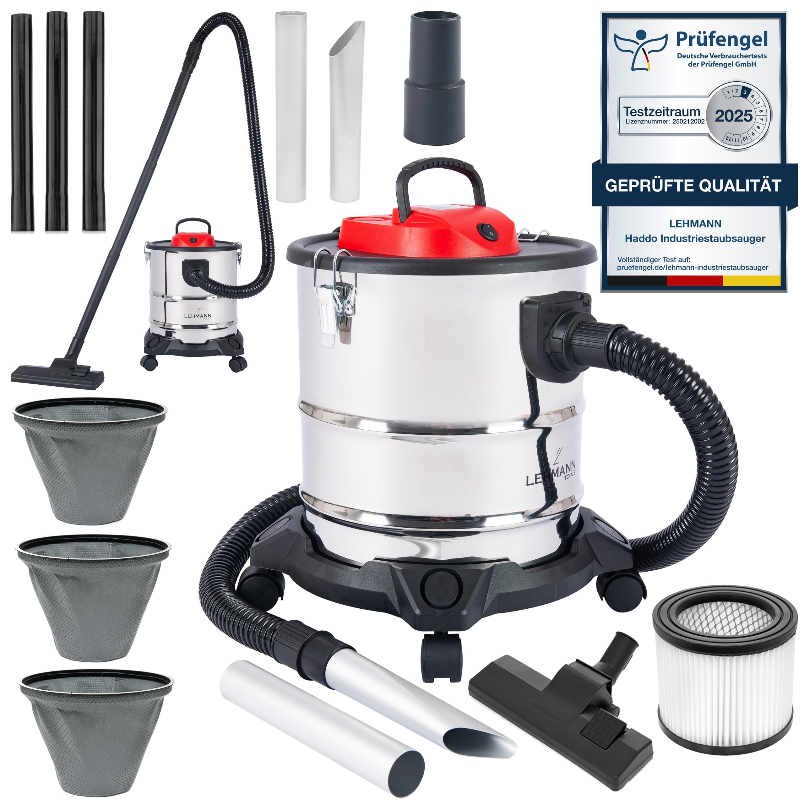 Lehmann Haddo Industriestaubsauger 2000W – Nass-Trocken-Aschesauger mit Edelstahltank