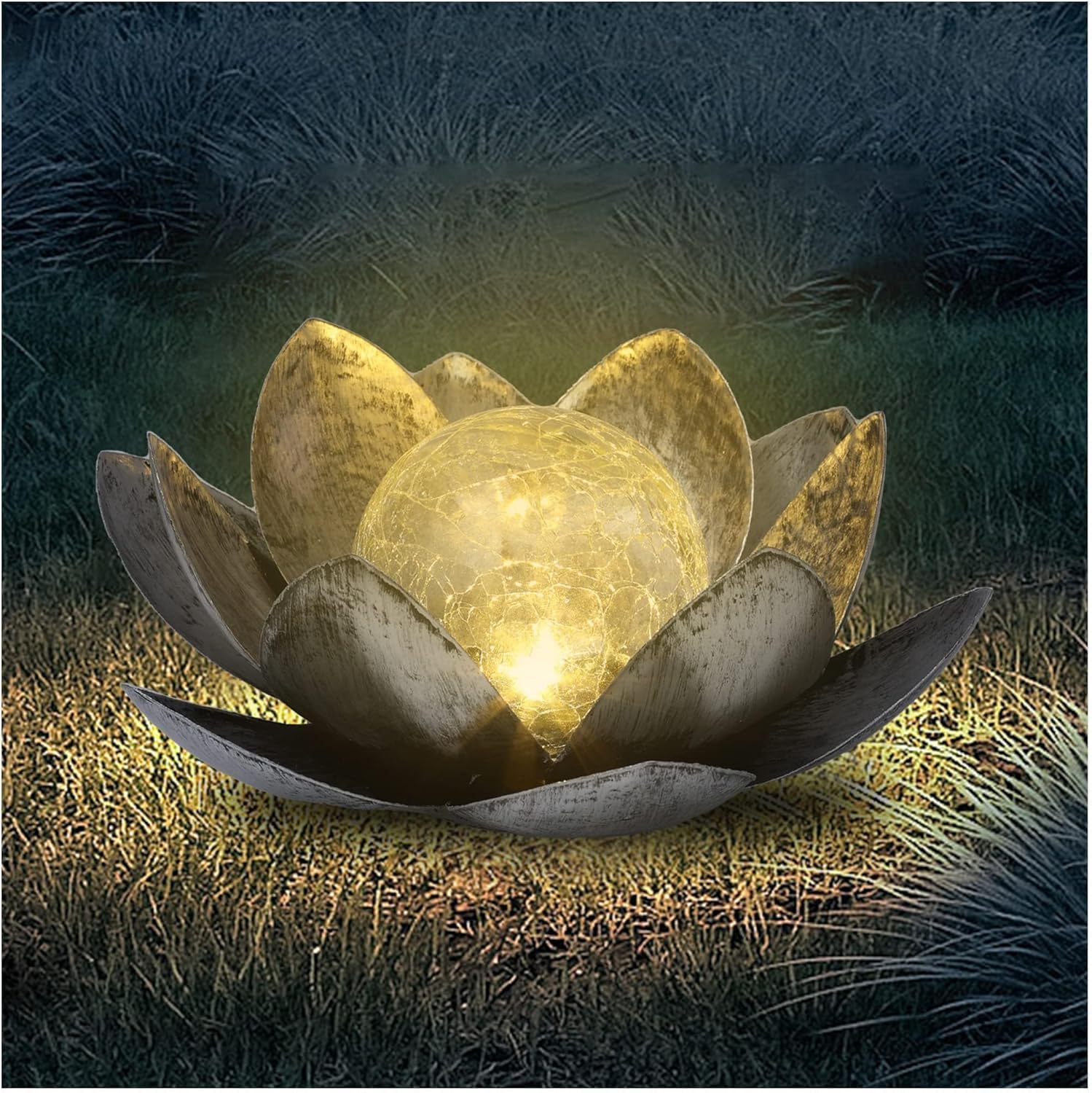 FLOWood Solarleuchte Lotusblüte – Solar-Gartendeko mit Crackle-Glas, warmweiss