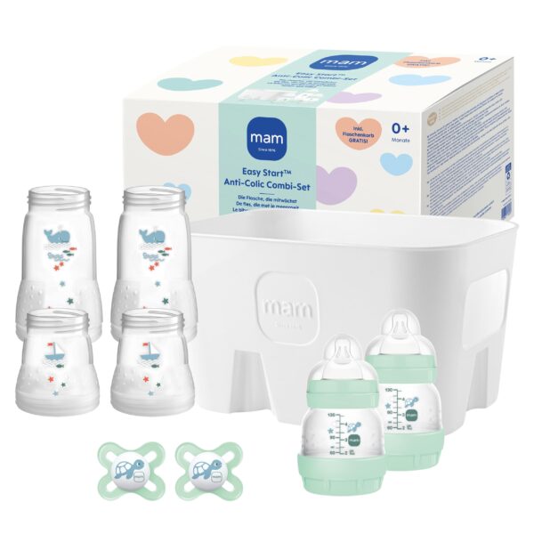 MAM Easy Start Anti-Colic Combi-Set 0+ Monate – Stillfreundliches Babyflaschen-Set mit Schnuller & Korb