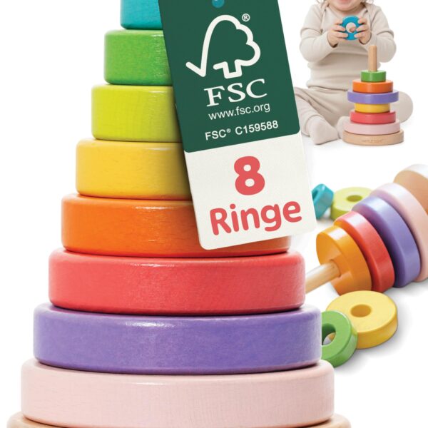 Merle Toys® Holz-Stapelturm mit 8 Ringen – Montessori Spielzeug ab 1 Jahr