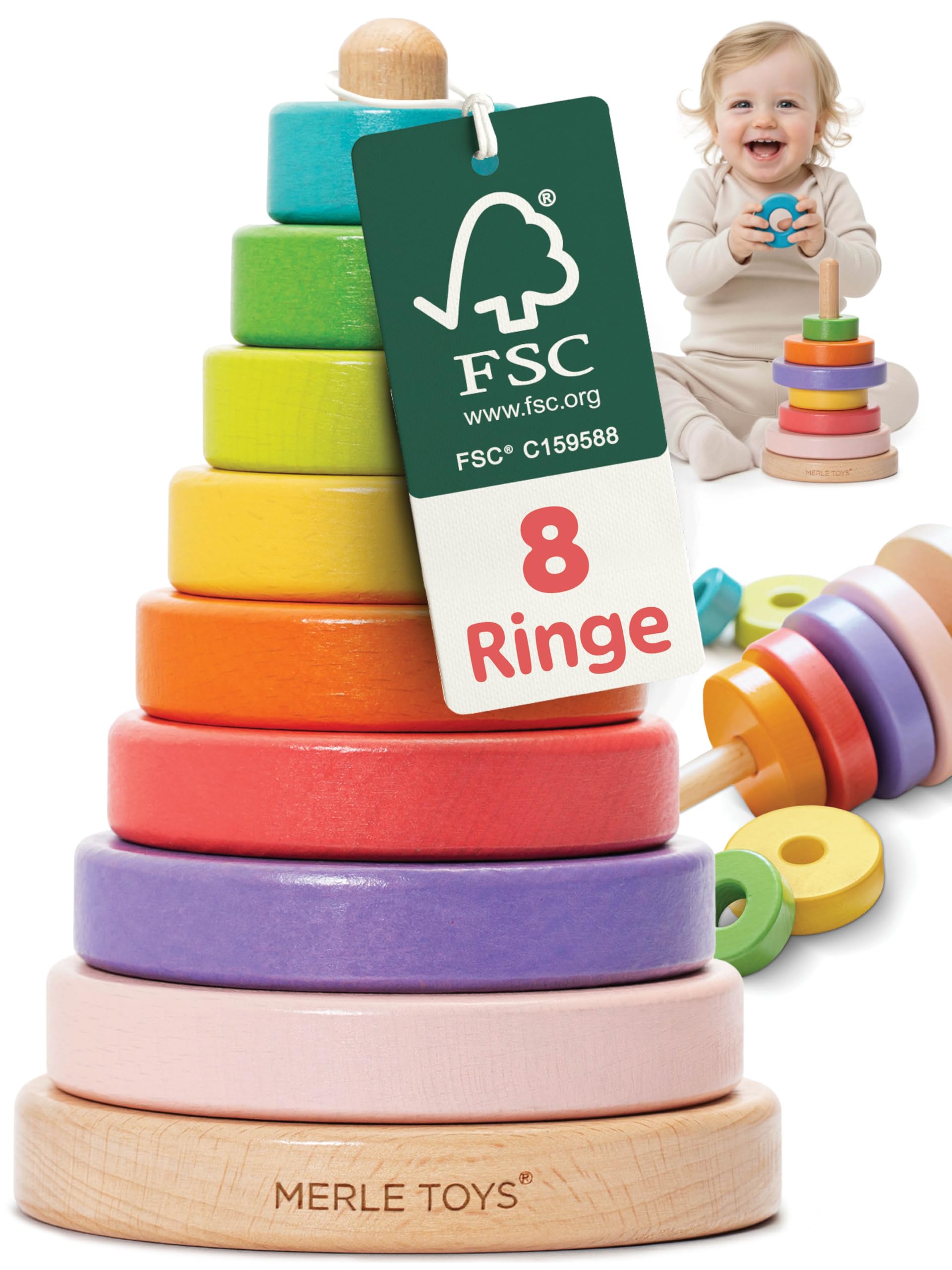 Merle Toys® Holz-Stapelturm mit 8 Ringen – Montessori Spielzeug ab 1 Jahr
