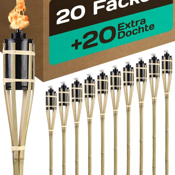 STAR-LINE 20er Set Bambus-Gartenfackeln 90cm – Nachfüllbar mit 20 Dochten