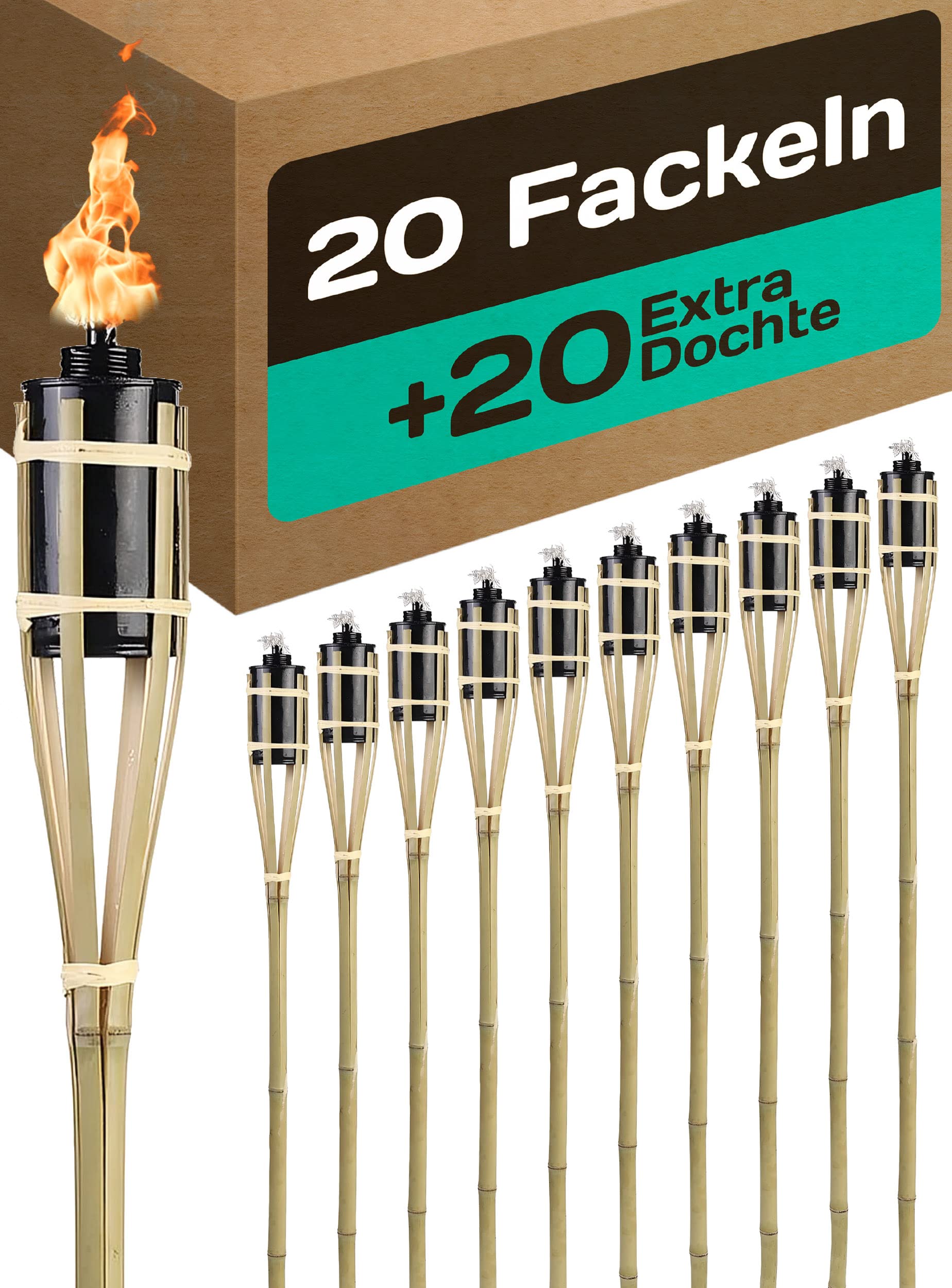 STAR-LINE 20er Set Bambus-Gartenfackeln 90cm – Nachfüllbar mit 20 Dochten