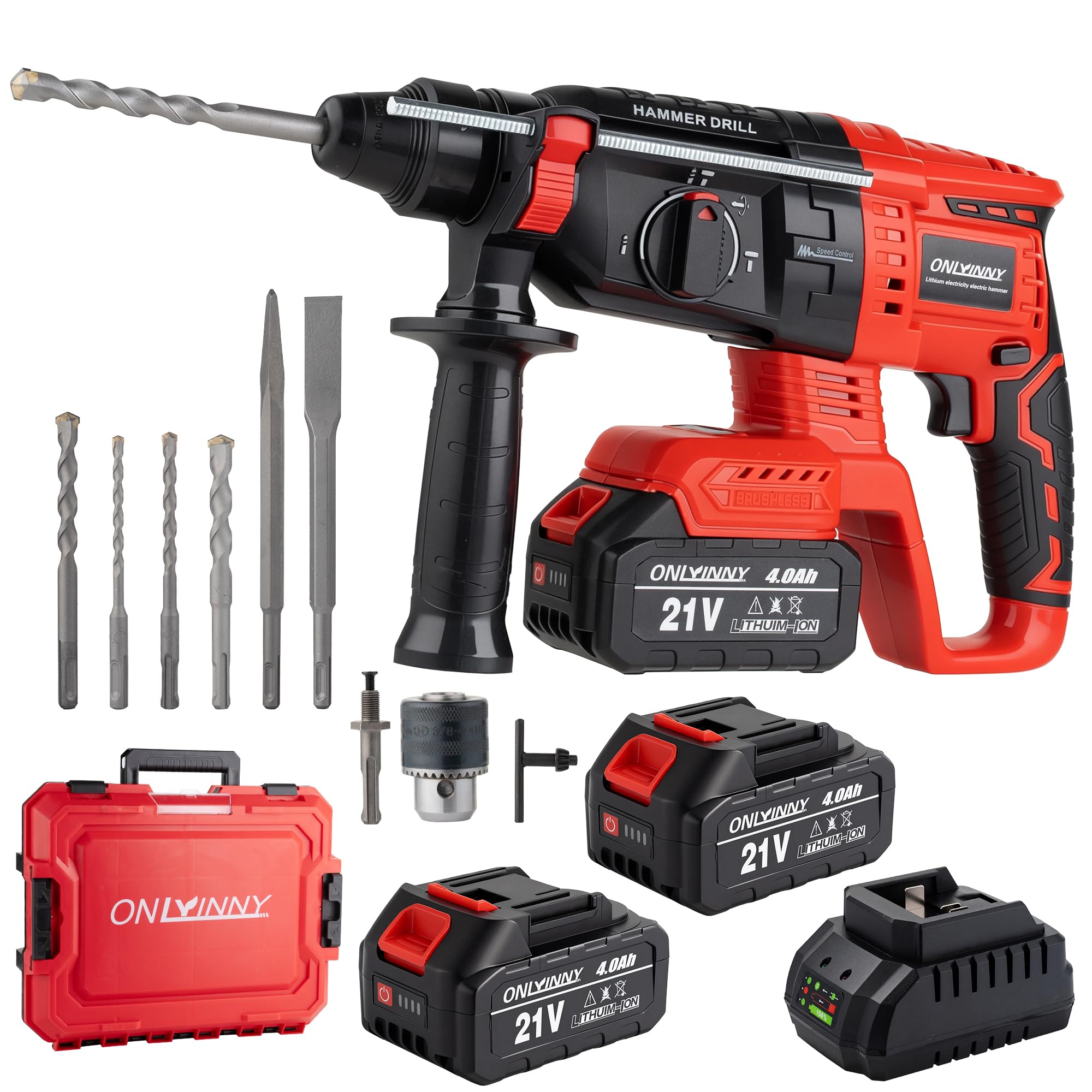 OnlyInNY Akku-Bohrhammer SDS Plus 18V – 3-in-1 Schlagbohrmaschine mit Makita-Kompatibilität