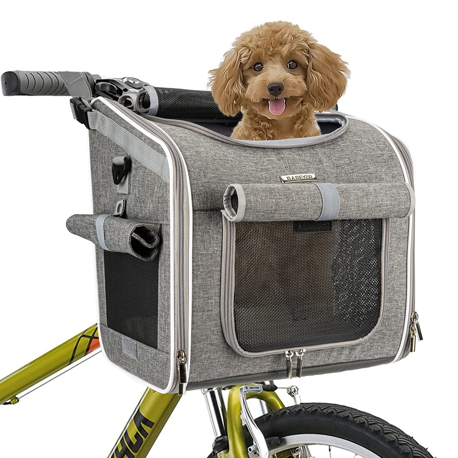 BABEYER Hundefahrradkorb mit 4 Türen & Mesh-Fenster – Erweiterbarer Transportrucksack für kleine Hunde