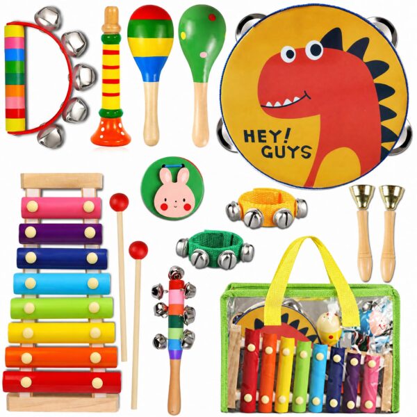 ZLWENA 12-teiliges Musikinstrument-Set für Kinder – Montessori Schlagzeug mit Xylophon