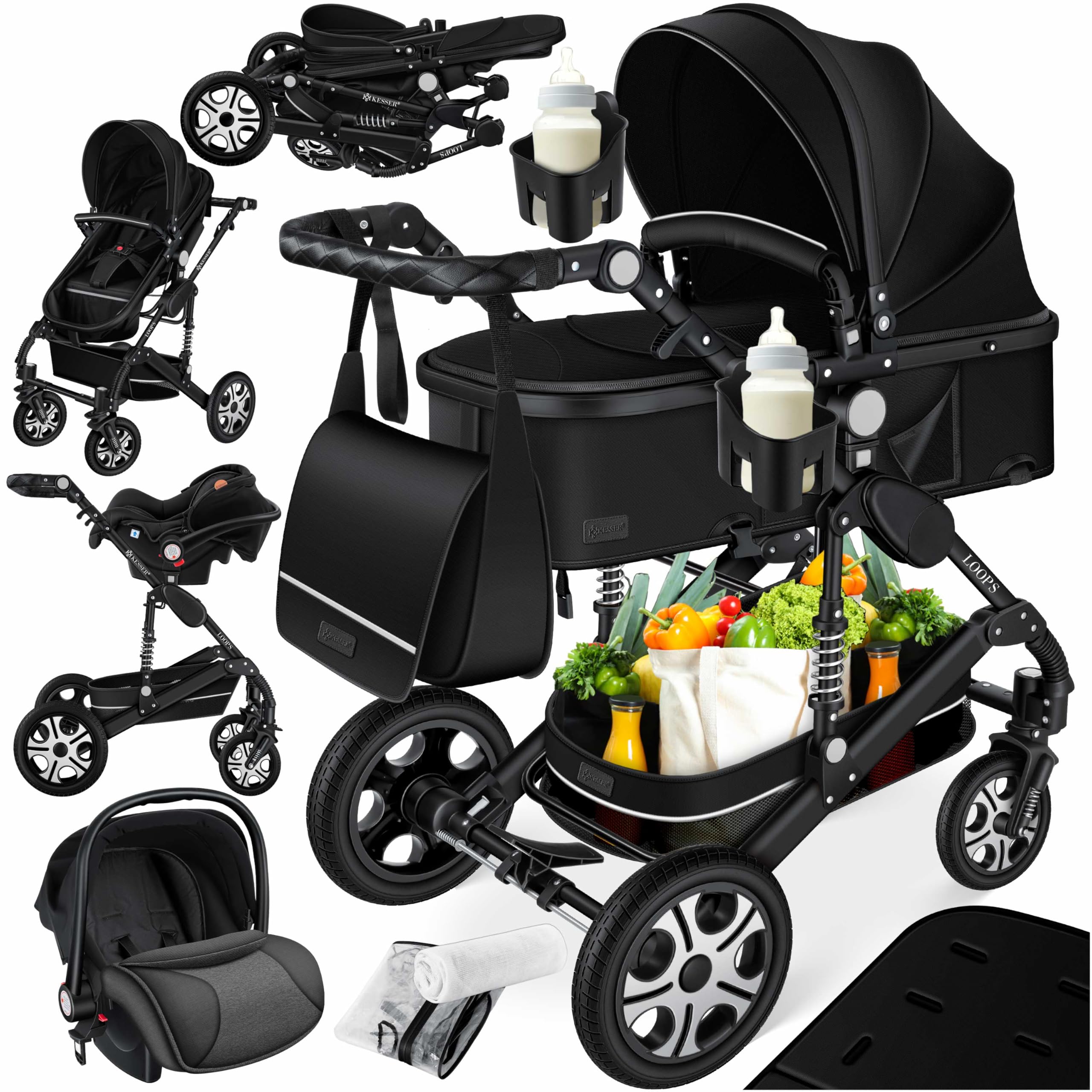 KESSER Loops 4in1 Kombikinderwagen – Komplettset mit Babywanne, Buggy & Autositz