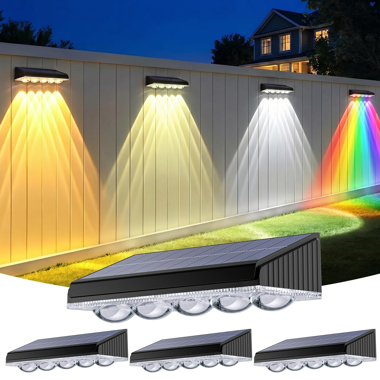 GEARLITE Solar-Wandleuchte 4er-Set mit 5 LED Linsenfokus – 10 Modi & IP65 Wasserdicht