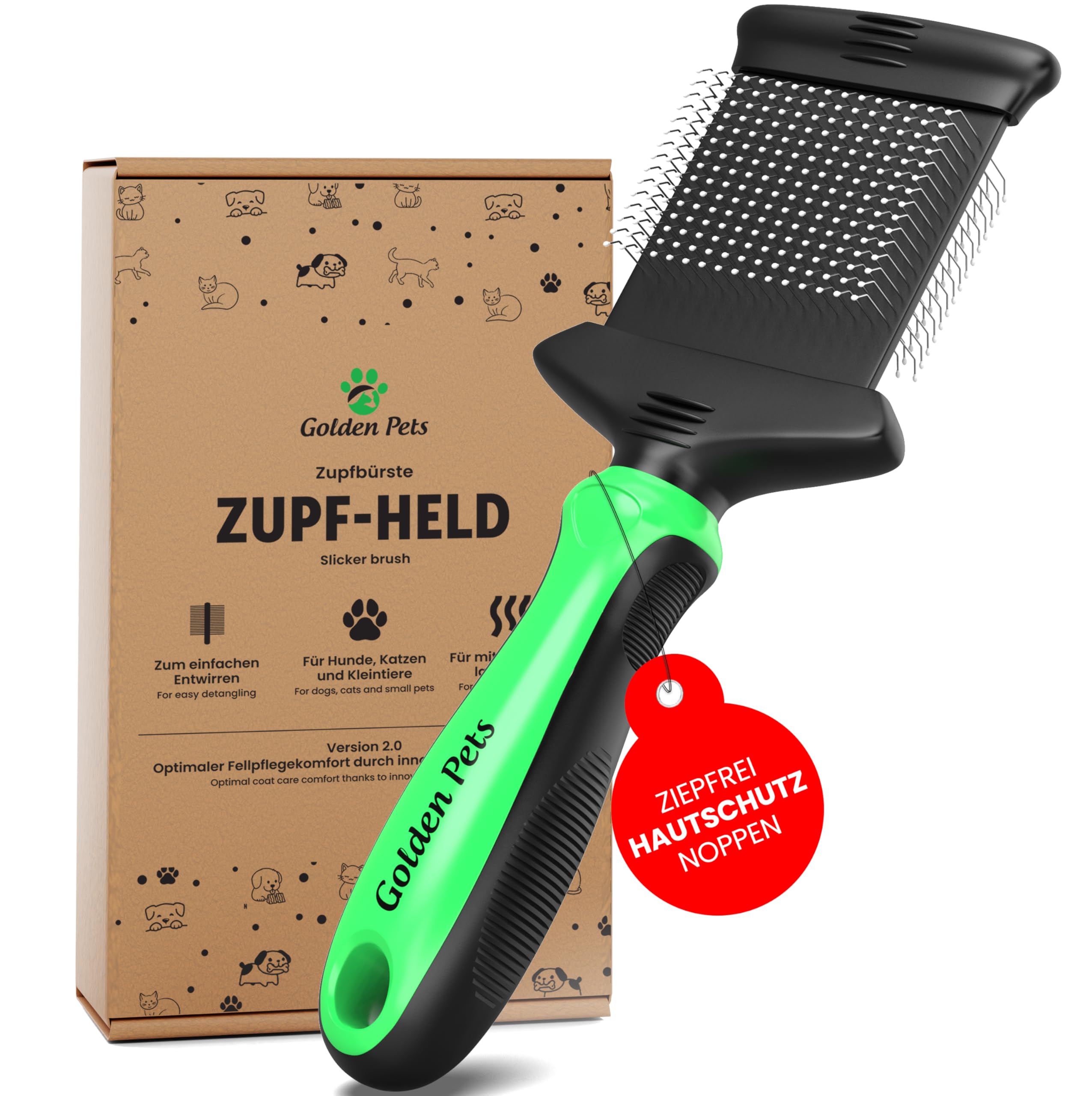 Golden Pets Zupfbürste M-L mit Schutznoppen – 2in1 Unterwollentfernung für Hunde & Katzen
