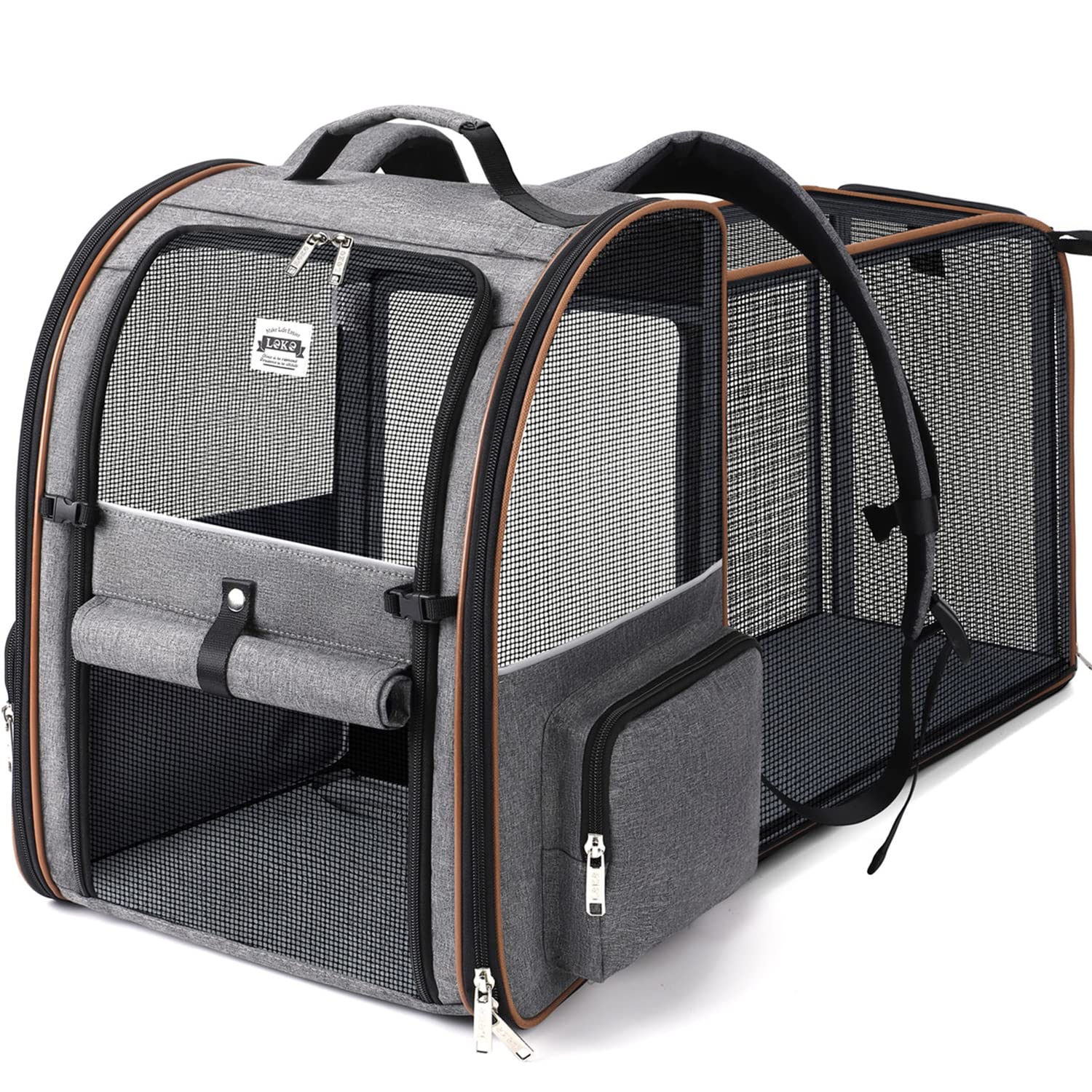 Lekespring Erweiterbare Haustier-Transportrucksack – 4 Mesh-Fenster & Sicherheitsleine für Katzen & Hunde bis 8 kg