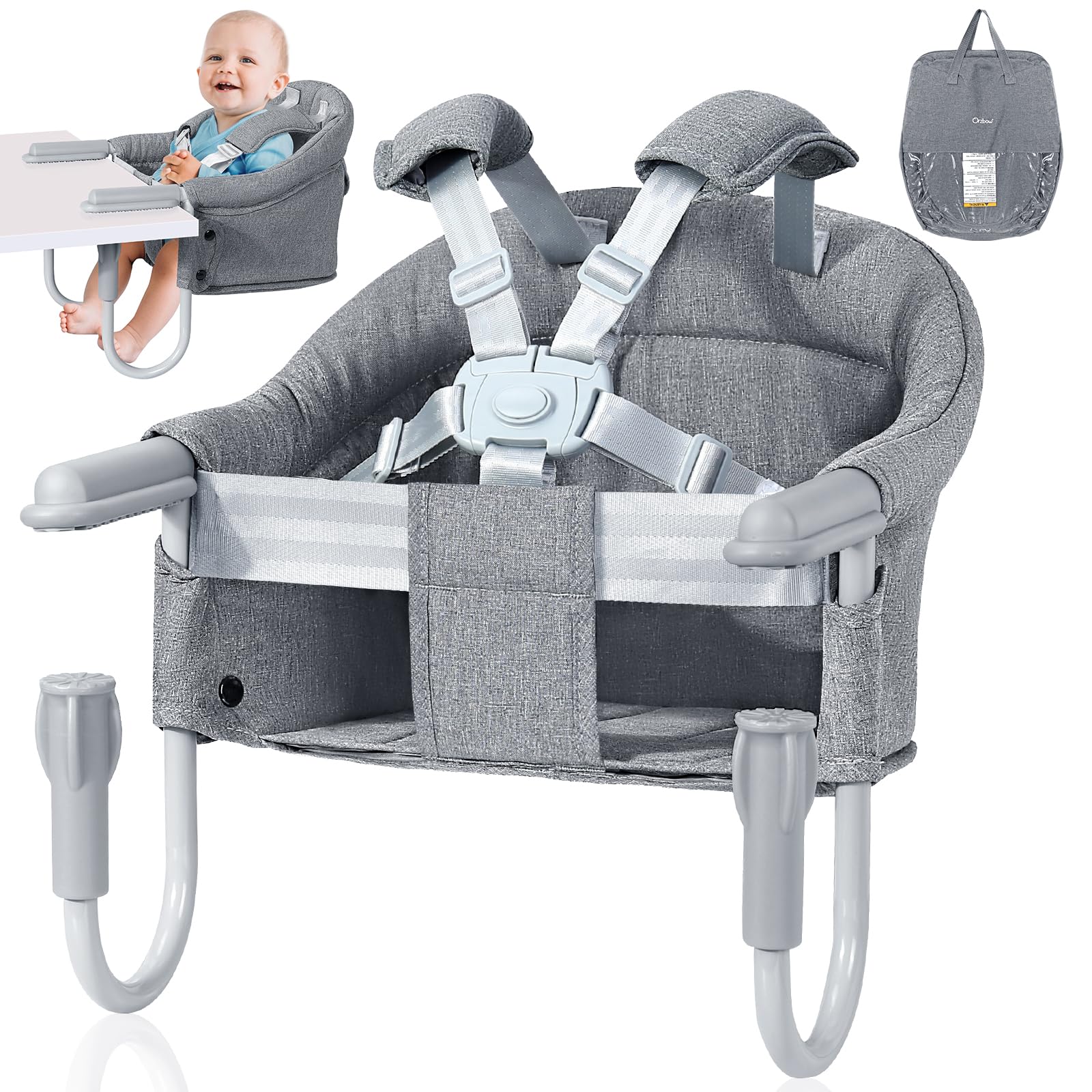 Orzbow Tischsitz Baby Grau – Tragbarer Babysitz mit 5-Punkt-Sicherheitsgurt & Polsterung
