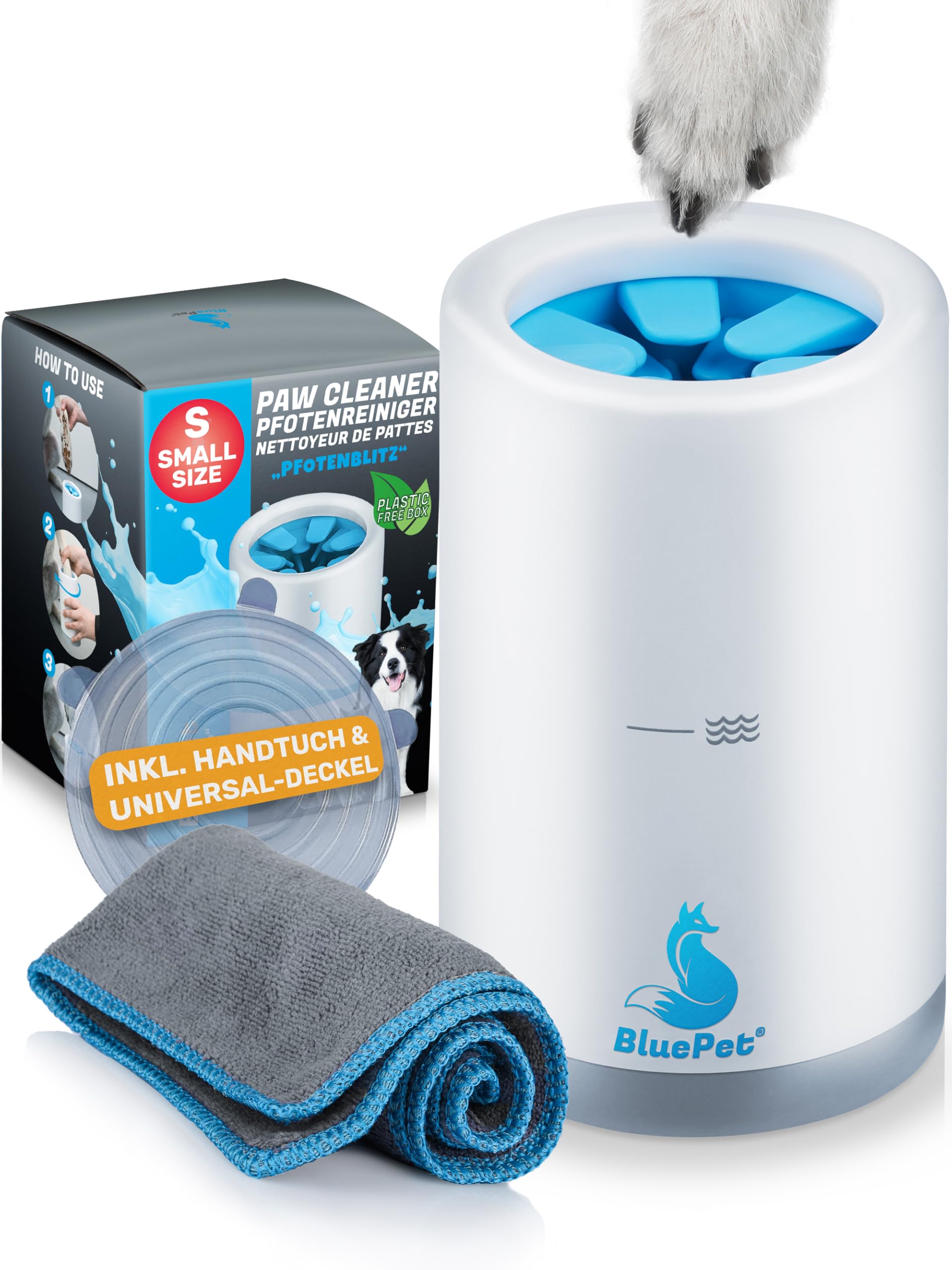 BluePet Pfotenreiniger Größe S – Hundepfoten-Waschbecher mit Mikrofaser-Handtuch