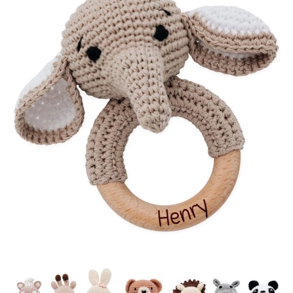 Bärenfreunde Greifling mit Namen – Holzrassel & Beissring für Babys personalisiert