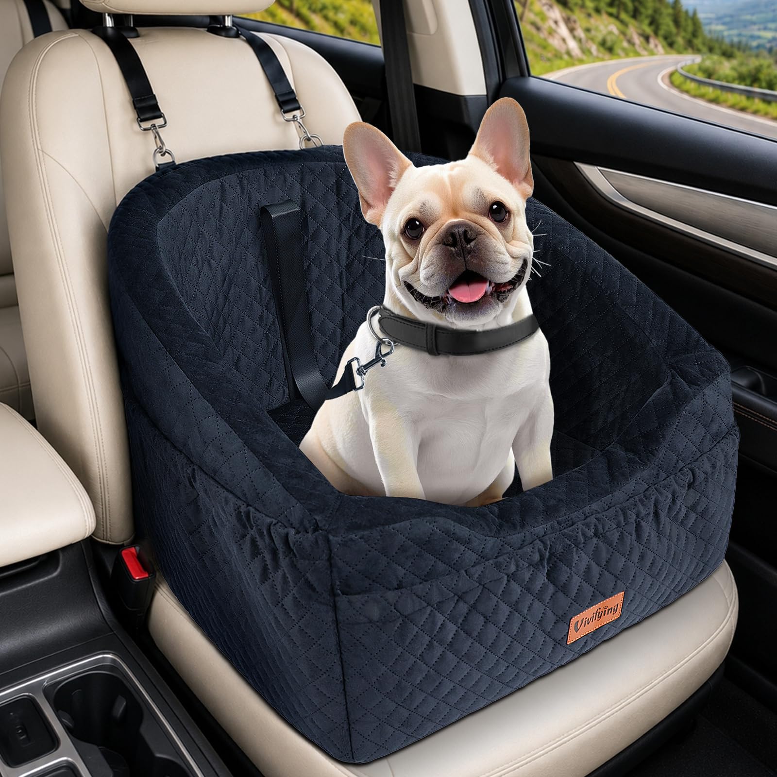 Vivifying Hundeautositz 48x45x35 cm mit Sicherheitsleine – Memory-Schaum für kleine & mittlere Hunde