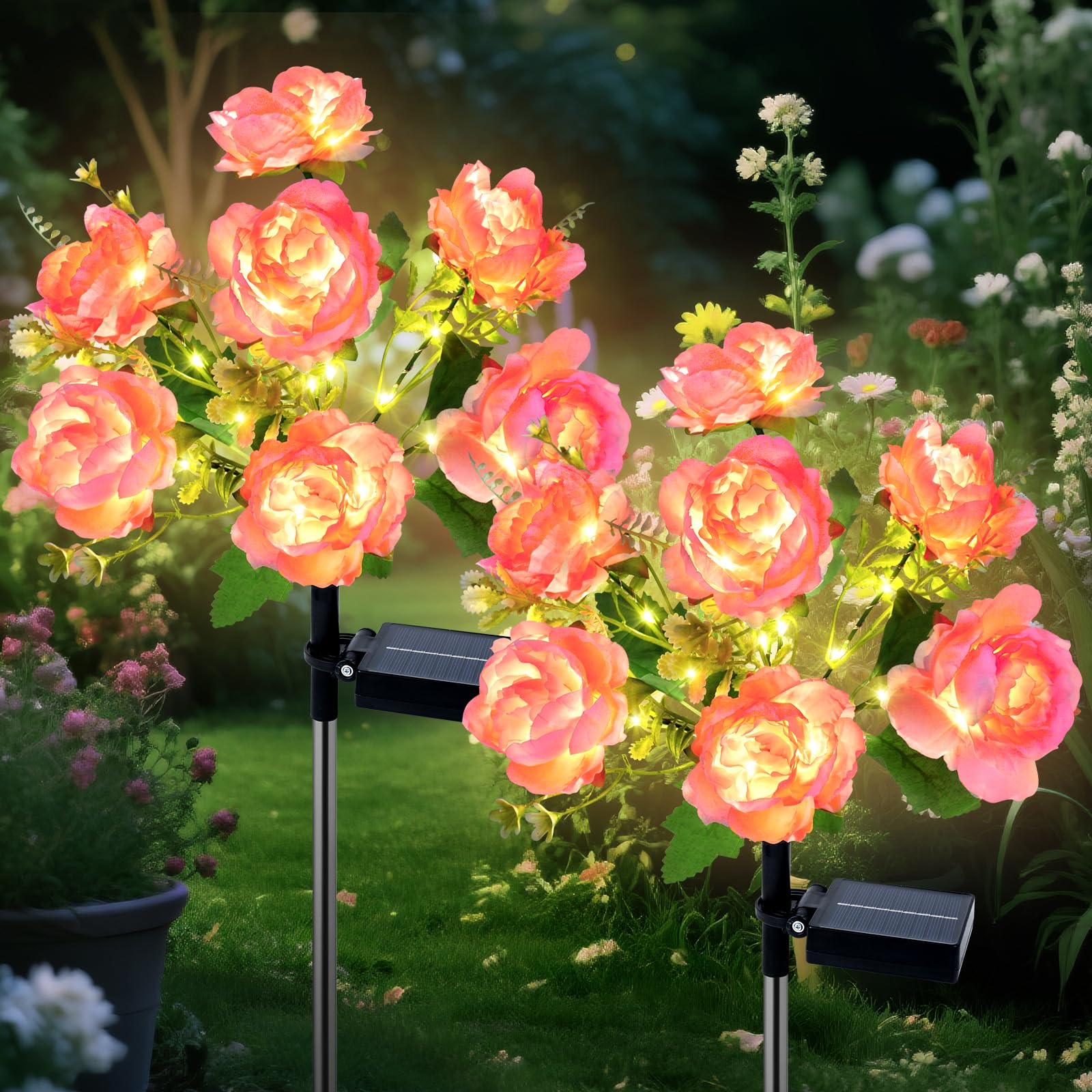 Ninonly Solar-Blumenleuchten 2er Set – Pfingstrosen mit 8 Modi & Warmweiss LED für Garten