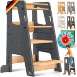 KIDIZ Lernturm 3-stufig höhenverstellbar mit Lernuhr – Montessori Tritthocker aus Kiefernholz