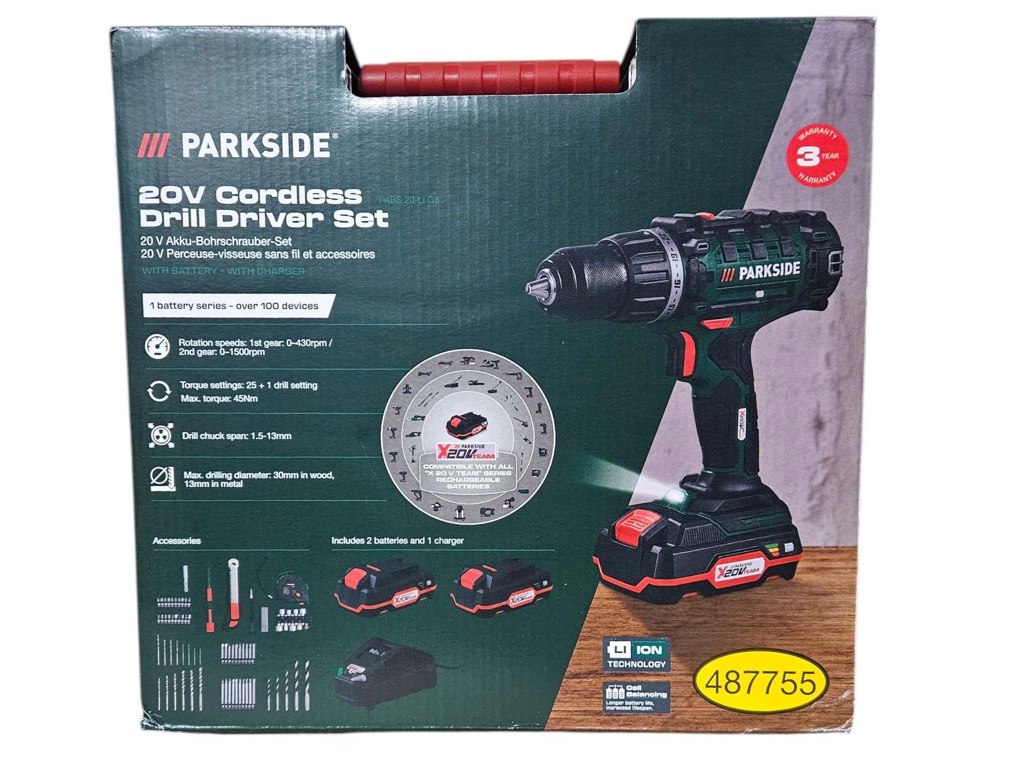 Parkside Akku-Bohrschrauber X20V PABS 20-Li – 20V mit 2 Akkus & 73-teiligem Zubehör