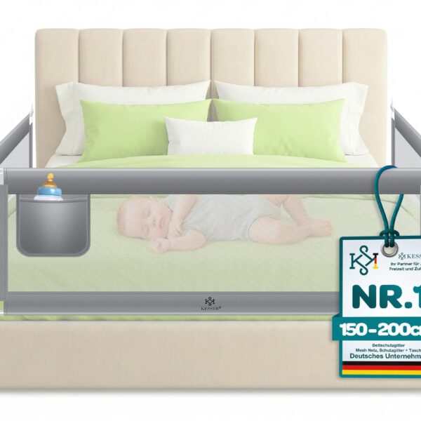 KESSER® Bettschutzgitter 180 cm – Höhenverstellbar & Klappbar mit Mesh-Netz für Kindersicherheit