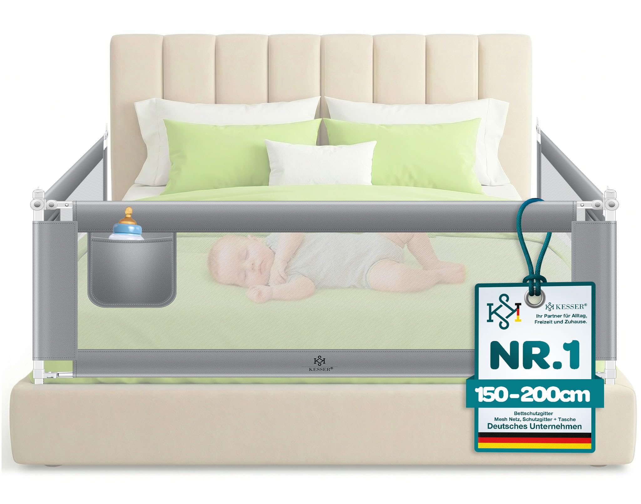 KESSER® Bettschutzgitter 180 cm – Höhenverstellbar & Klappbar mit Mesh-Netz für Kindersicherheit