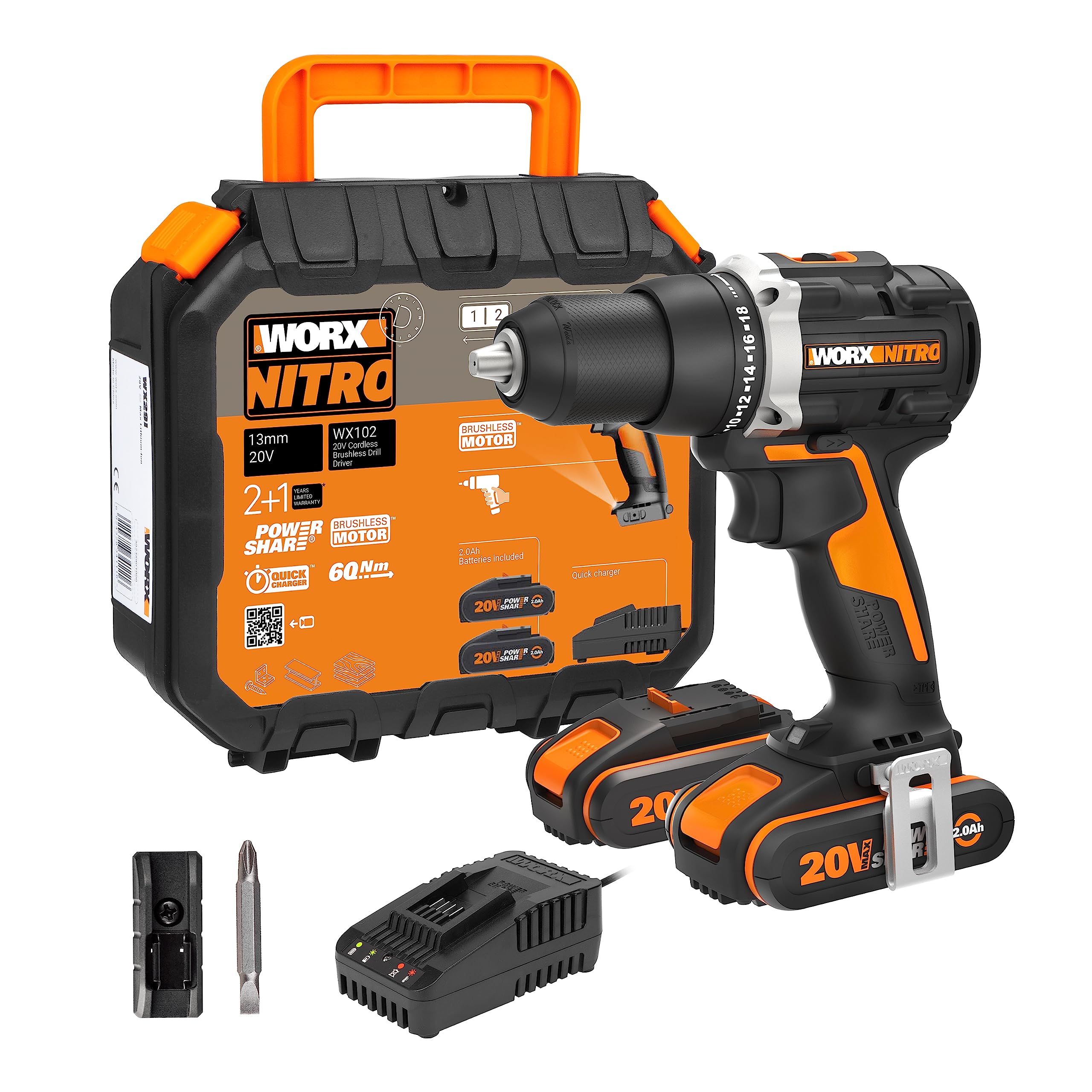 WORX WX102 Akku Bohrschrauber 20V – Bürstenlos mit 2 Akkus, Ladegerät & Koffer