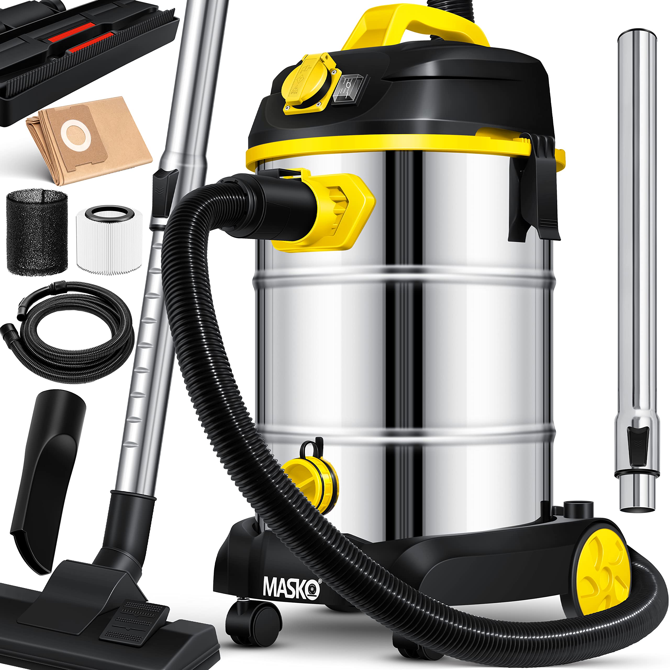 MASKO Industriestaubsauger 30L Nass-Trockensauger 1800W mit HEPA-Filter & Steckdose