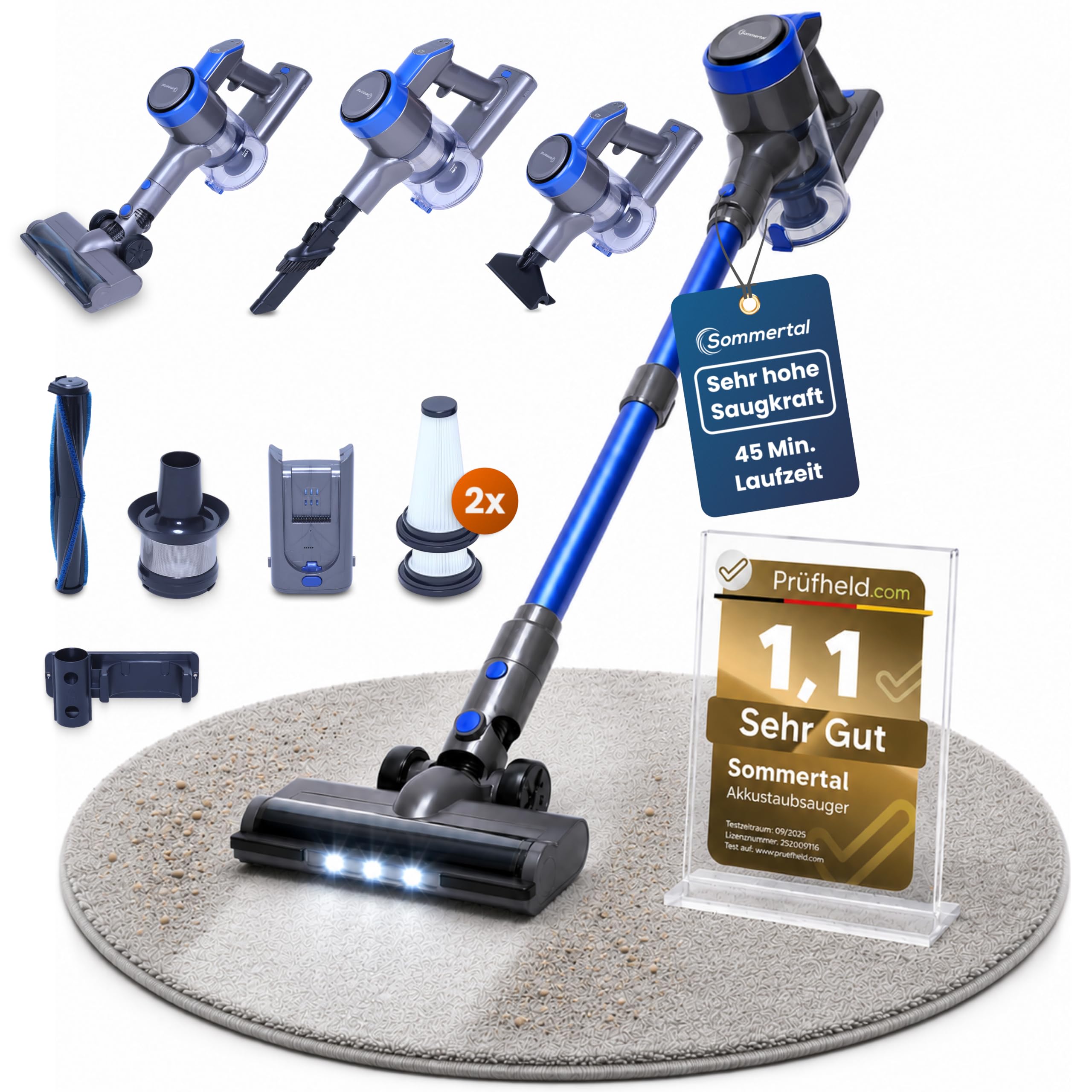 Sommertal VARIO150 Akku Staubsauger 3in1 – Kabellos bis 45 Min für Teppich & Hartböden