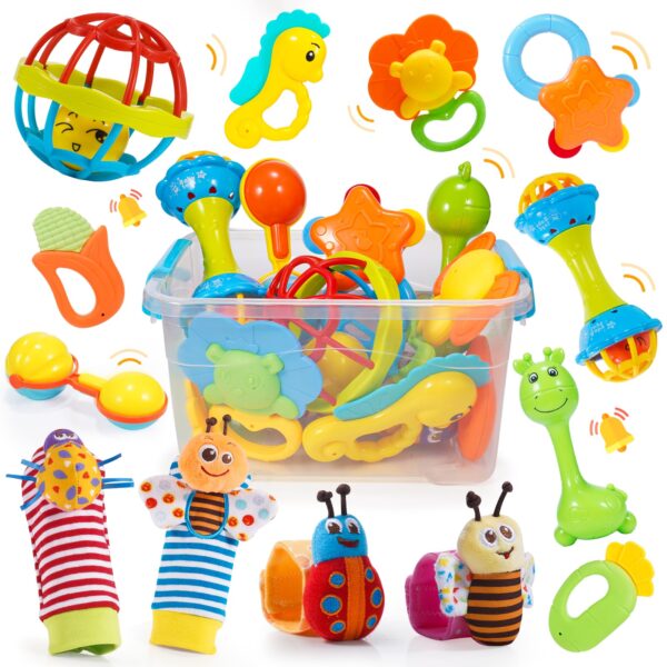 Wootoyz 14-teiliges Babyspielzeug-Set 0–12 Monate – Rasseln & Beissring mit Aufbewahrungsbox