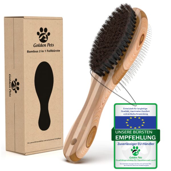 Golden Pets Bambus 2in1 Hundebürste & Katzenbürste – Unterwolle & Entfilzung für Mittel-Langhaar