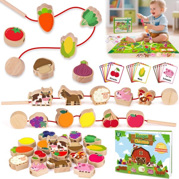 Montessori Fädelspiel ab 1 Jahr – Holzperlen mit Lernkarten für Motorik & Sprachentwicklung
