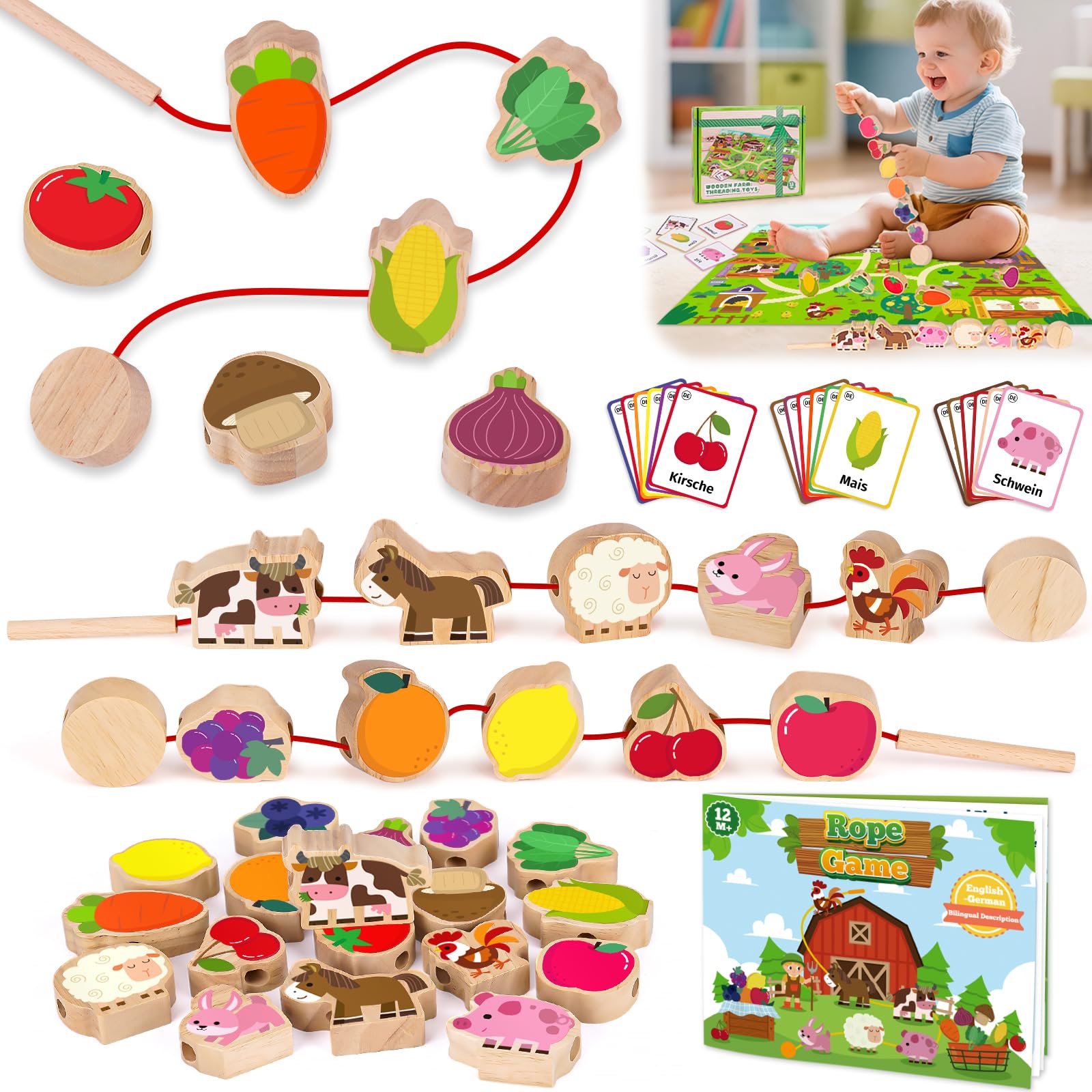Montessori Fädelspiel ab 1 Jahr – Holzperlen mit Lernkarten für Motorik & Sprachentwicklung